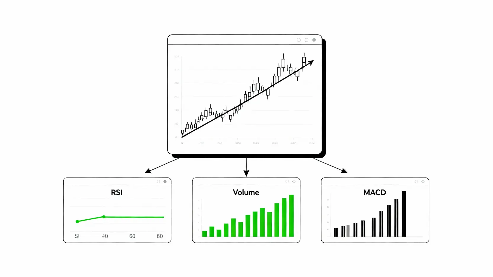 RSI鈍化怎麼辦?一篇搞懂RSI指標缺點與3大應對策略 一張結合趨勢線、成交量與MACD指標來應對RSI鈍化的策略示意圖。