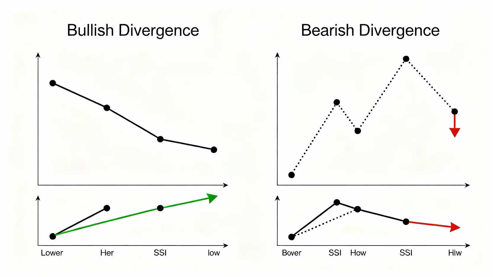 股票RSI終極指南:參數設定、買賣點分析,5大技巧搞懂RSI怎麼看 RSI指標的牛市背離與熊市背離圖解,對比股價走勢與指標走勢的不一致現象。