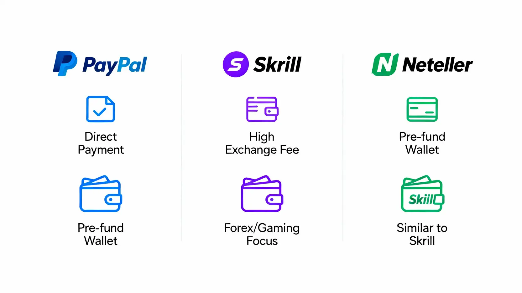 PayPal入金方法一篇搞定!完整比較Skrill、Neteller,海外投資存款必看指南 PayPal、Skrill與Neteller三大電子錢包功能與費用比較圖。