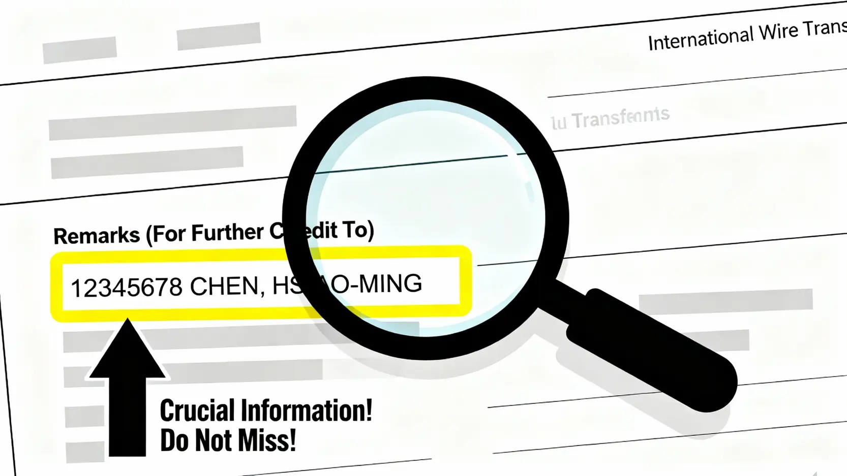 【Firstrade入金教學】完整圖解電匯流程,手續費與信用卡入金疑問一次解答! 一張電匯單示意圖,特別用黃色框和放大鏡高亮顯示「附言」欄位,並註明此處需填寫8位數帳號和英文姓名,是入金成功的關鍵。
