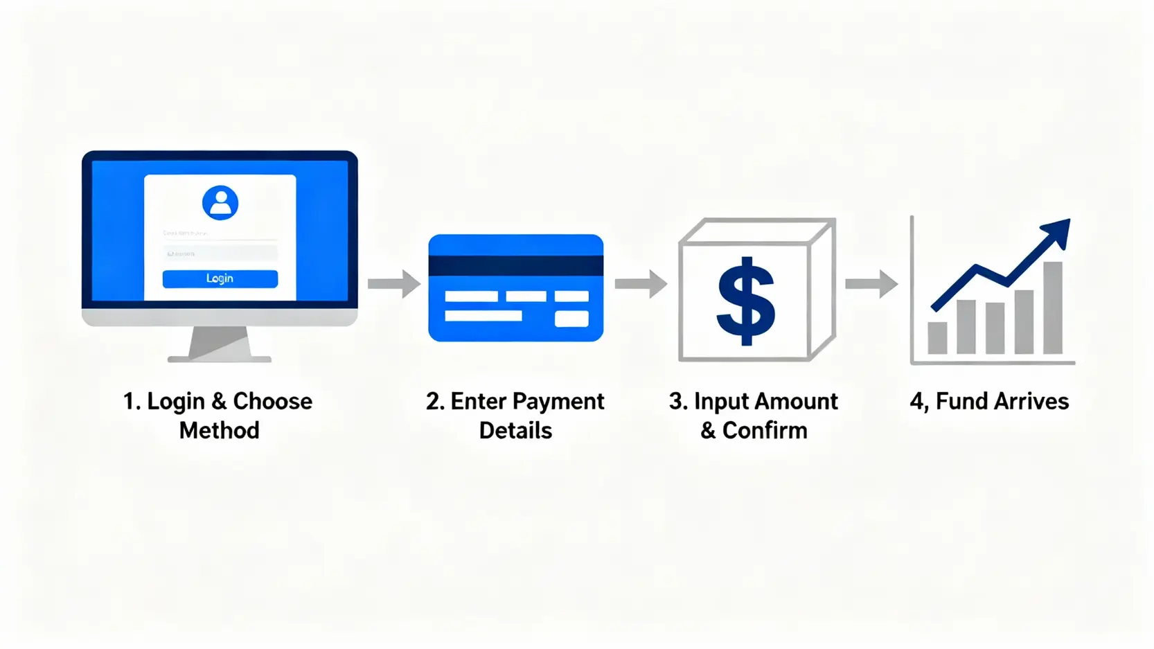 XM入金教學完整指南:5大方法實測、手續費與入金獎勵全解析 XM入金四步驟流程圖,展示從登入、選擇方式、填寫資料到確認資金到帳的完整過程。