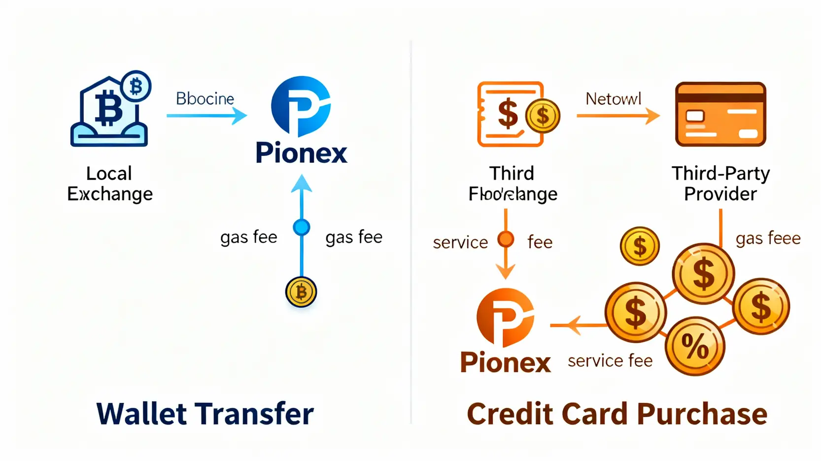 【派網入金教學】Pionex入金全攻略:信用卡、錢包轉帳3大方式手續費與優缺點比較 鏈上錢包轉帳與信用卡買幣兩種派網入金方式的流程與手續費對比圖