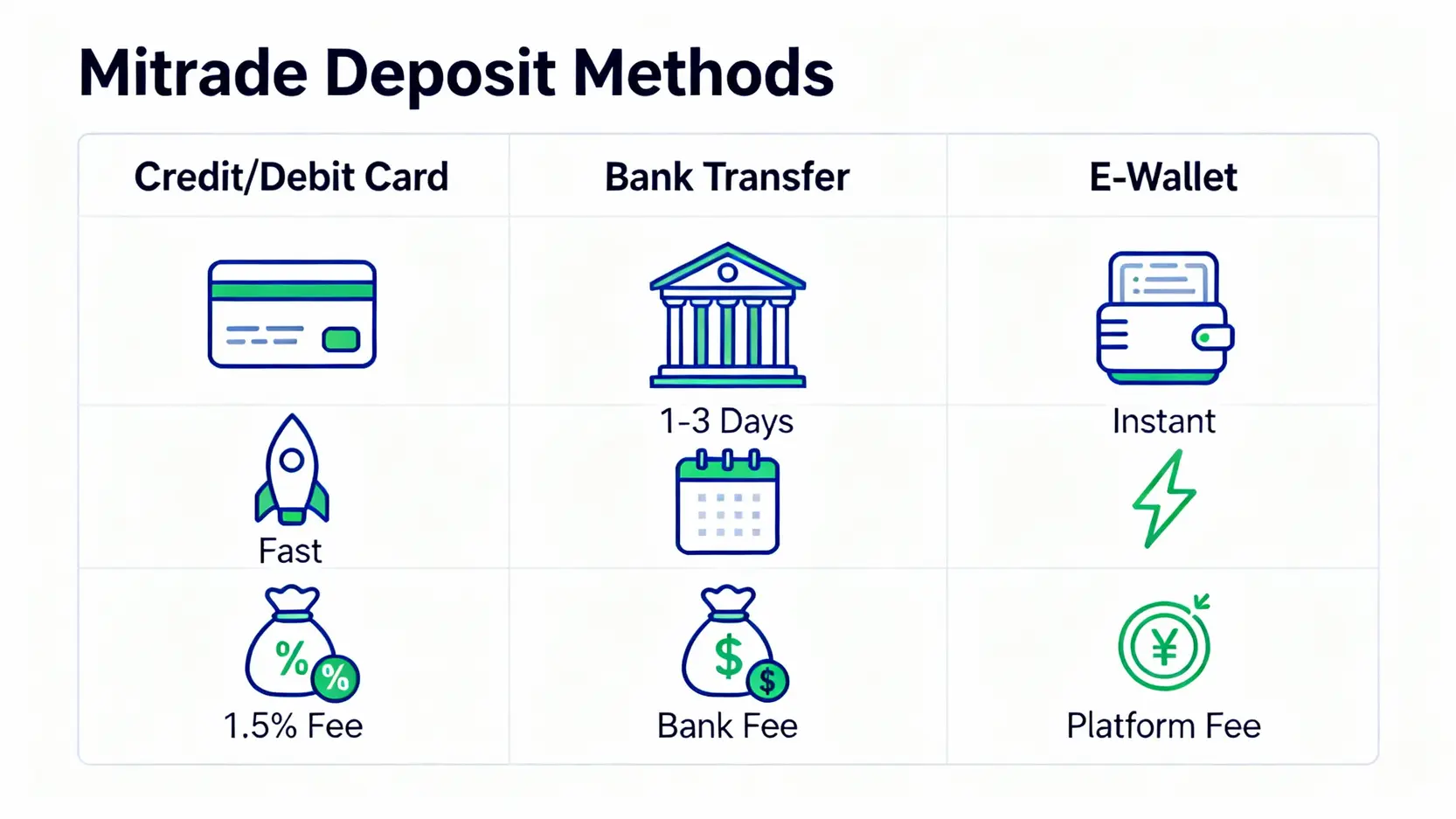 Mitrade入金教學全攻略:3分鐘搞懂信用卡、銀行轉帳方式與手續費 Mitrade三種主要入金方式的比較圖,包含信用卡、銀行轉帳和電子錢包在速度與費用上的差異。