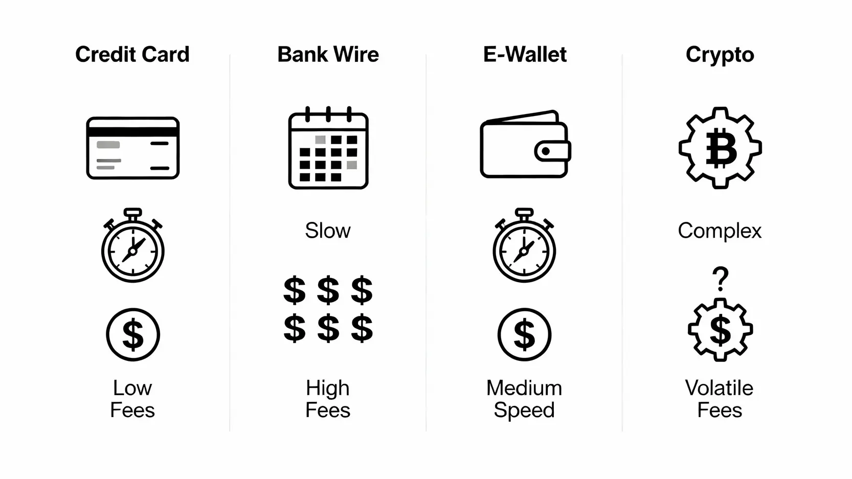 MT5入金教學:秒懂帳戶儲值流程,信用卡/電匯5步驟搞定 四種常見MT5入金方式的優缺點比較圖,包含信用卡、銀行電匯、電子錢包和加密貨幣。