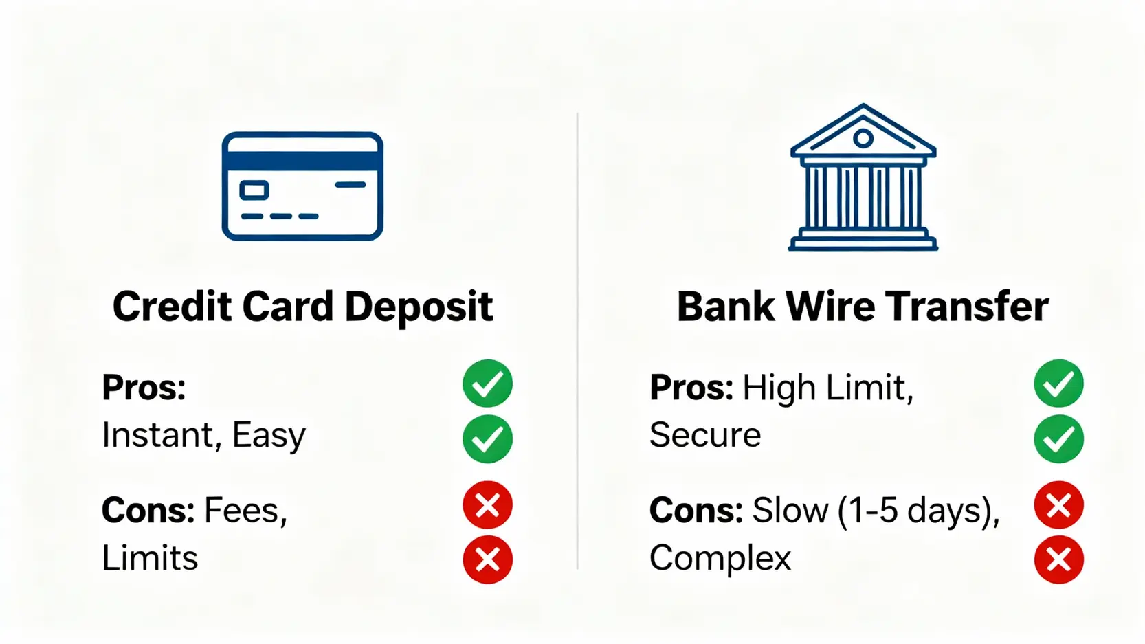 ATFX/IG/FXCM/LMAX入金教學:手續費、速度、安全性完整比較指南 信用卡入金與銀行電匯入金的優缺點對比圖,顯示了速度、費用、限額和安全性方面的差異。