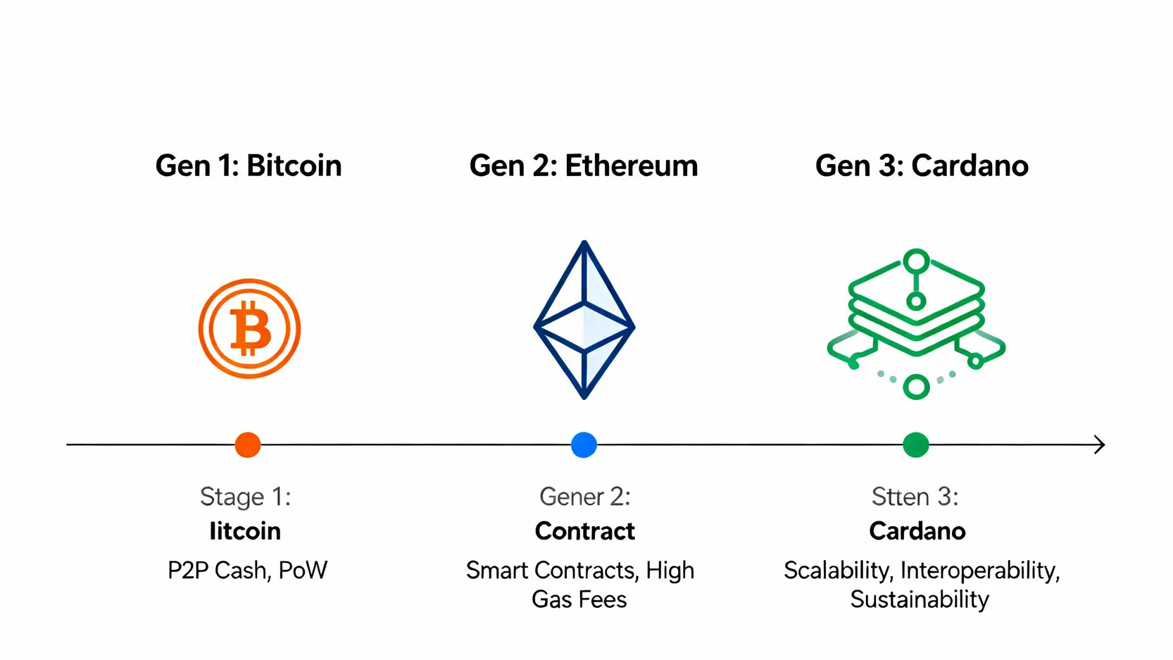 Cardano (ADA) 是什麼?2026 新手指南:一篇看懂艾達幣介紹、優缺點與未來潛力 三代區塊鏈演進圖,從比特幣、以太坊到Cardano的比較