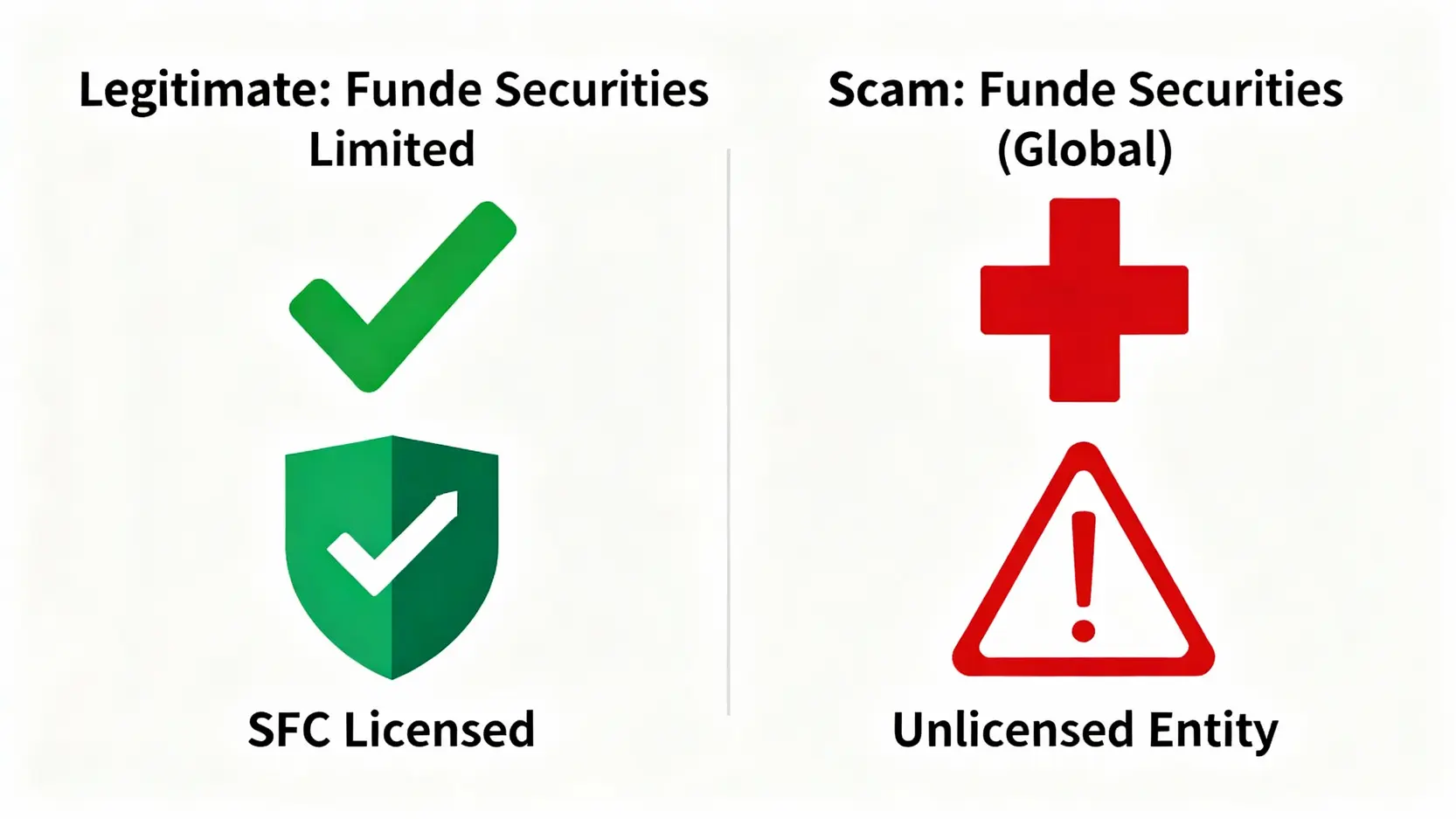 2026方德證券評價全解析:安全嗎?一篇看懂背景、手續費與詐騙真相 合法方德證券與詐騙實體的對比圖,左邊是受監管的合法券商,右邊是無牌照的詐騙網站。