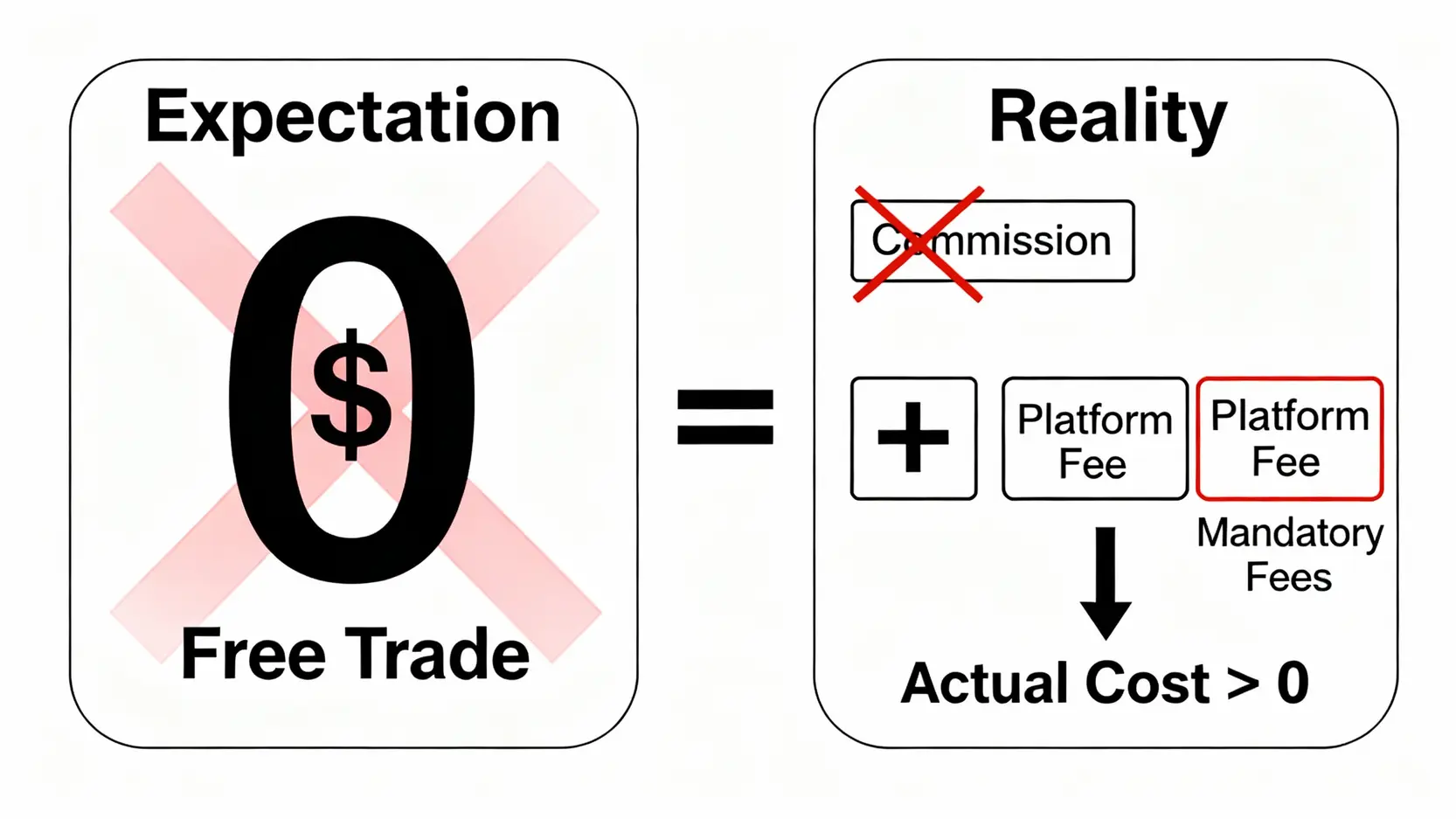 方德證券手續費全攻略:港股/美股交易費用與0佣金真相 一張對比圖解釋「0佣金」不等於「免費」,顯示佣金被免除後,仍然需要支付平台使用費和政府稅費等。