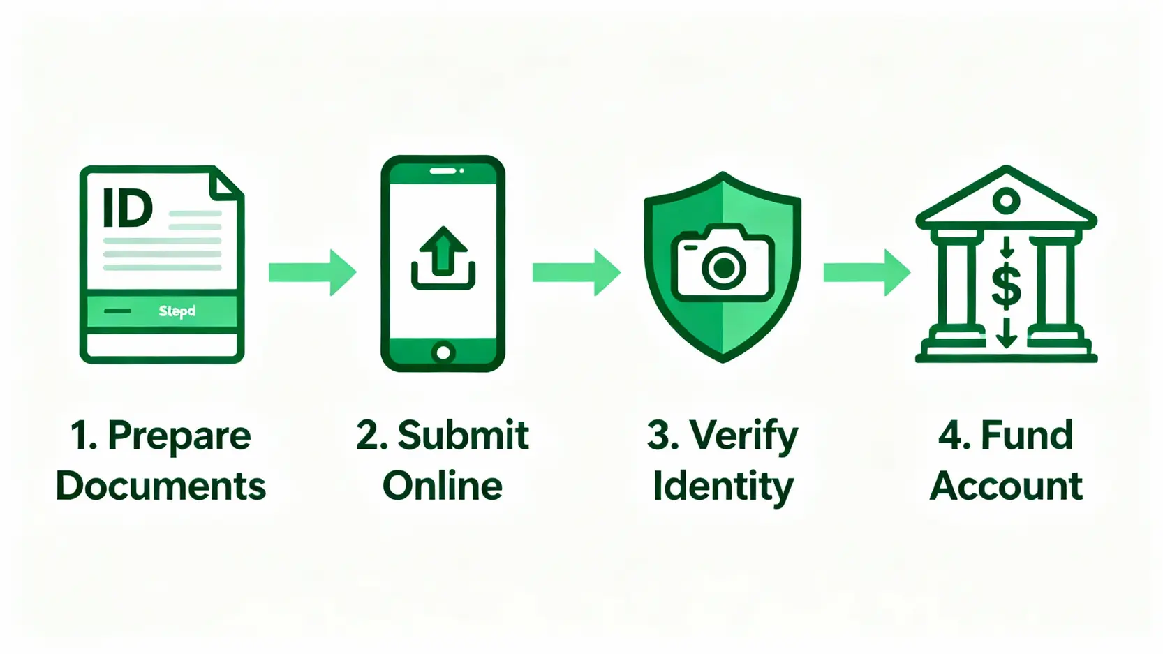 方德證券開戶流程全攻略(2026):一篇搞懂開戶優惠、手續費與常見問題 方德證券線上開戶四步驟流程圖:準備文件、線上提交、身份驗證、存入資金。