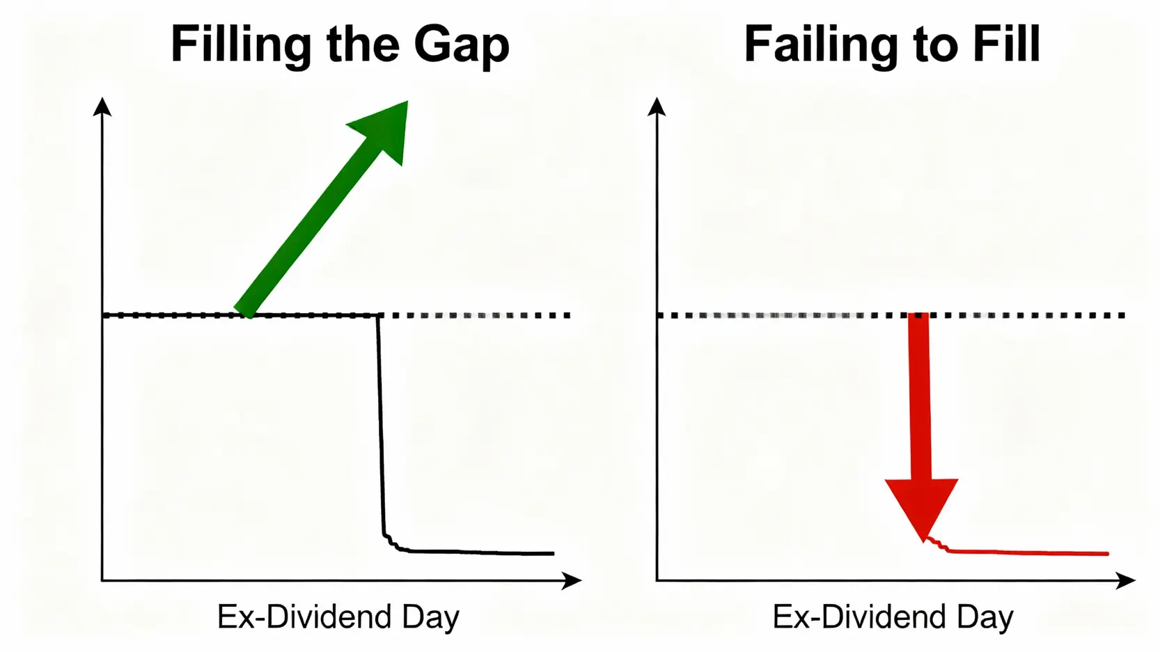 股利是什麼?現金股利與股票股利差別、計算教學,存股新手5分鐘全搞懂! 填權息與貼權息的股價走勢對比圖,解釋股價回升與否的差異。