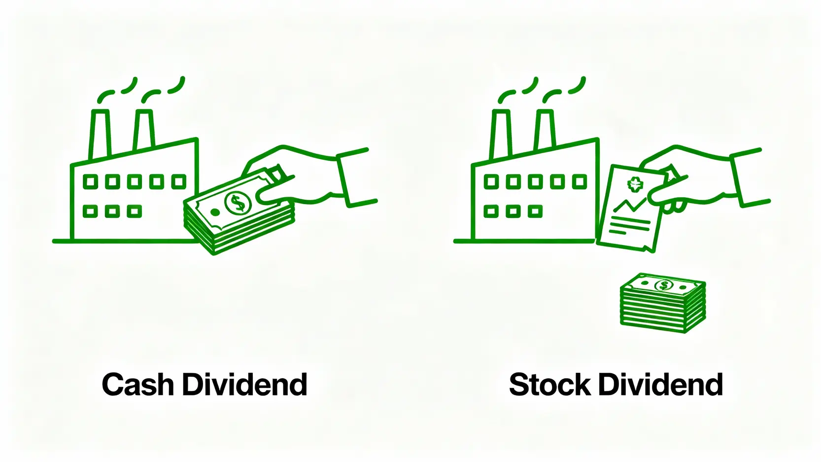 股利是什麼?現金股利與股票股利差別、計算教學,存股新手5分鐘全搞懂! 現金股利與股票股利的差別示意圖,左邊是收到現金,右邊是收到更多股票。