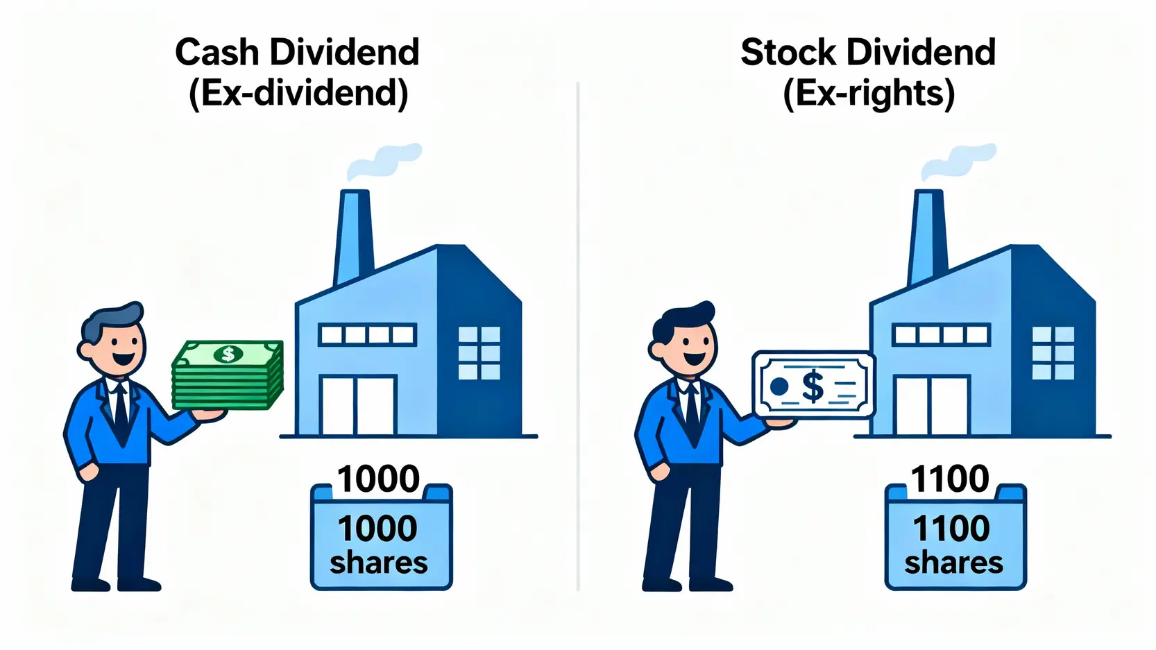 股利發放日全攻略:除權息是什麼?股利入帳時間與領取資格詳解 現金股利與股票股利的區別圖解,說明除息是領現金而除權是領股票。