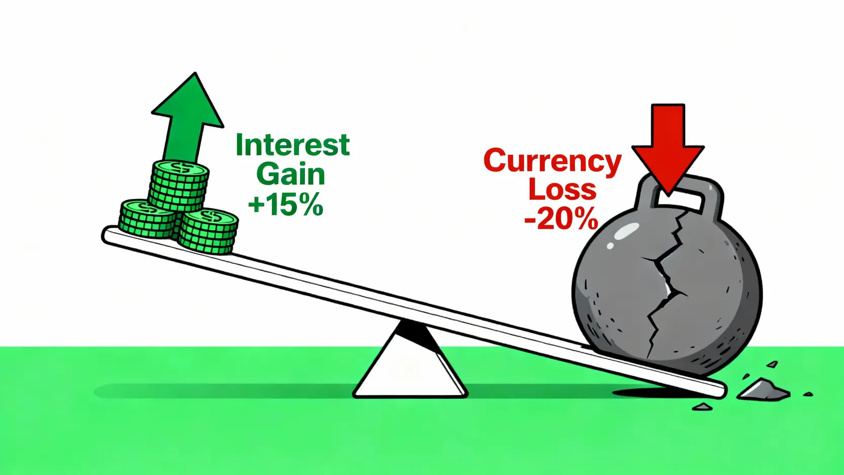安聯全球高收益債券基金南非幣還能買嗎?5大關鍵指標全解析 一張蹺蹺板對比圖,說明「賺了利差,賠了匯差」的概念,顯示沈重的匯率損失壓過了輕微的配息收益。