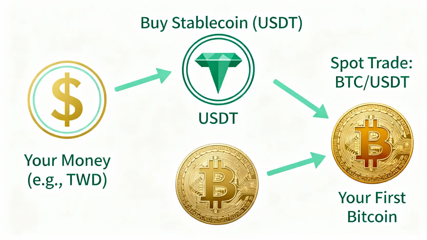 【幣安教學】一篇搞懂:從App下載、註冊驗證到聯繫客服完整指南 新手購買比特幣流程示意圖,從法幣入金換成USDT穩定幣,再透過現貨交易買入比特幣。