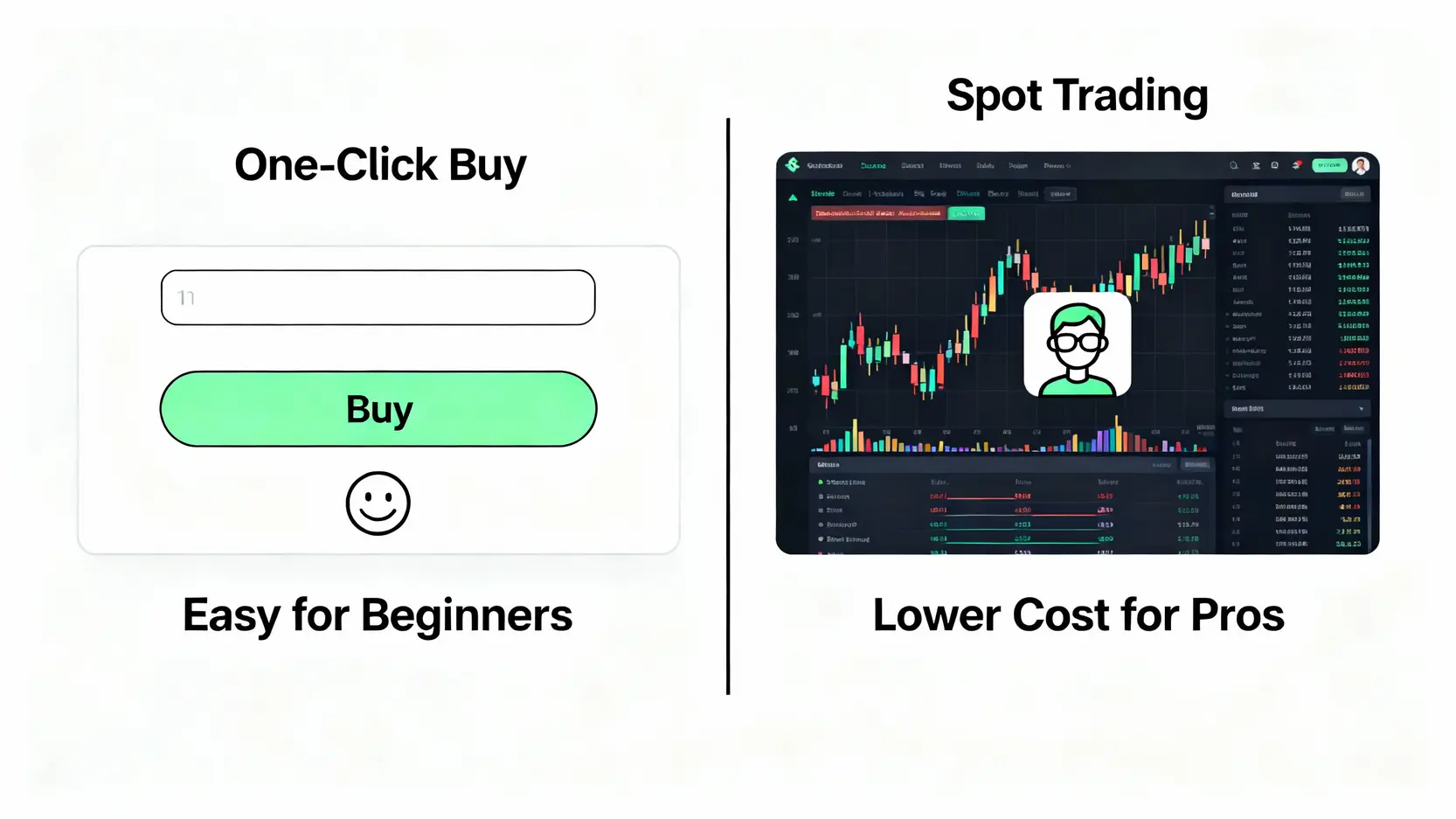 幣安買幣一篇搞懂!5種入金教學與信用卡刷卡買以太幣手續費全攻略 幣安一鍵買幣與現貨交易介面對比圖,展示了兩者的複雜度差異。