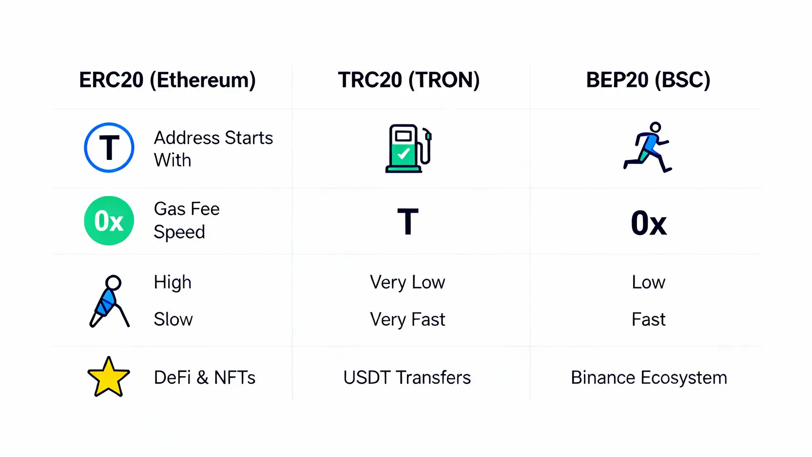【2026 幣安提現教學】5步驟將比特幣換現金,C2C、錢包轉帳一篇搞定! 一張比較ERC20、TRC20與BEP20三種區塊鏈網絡的圖表,內容包含地址格式、手續費、速度與適用場景的對比。