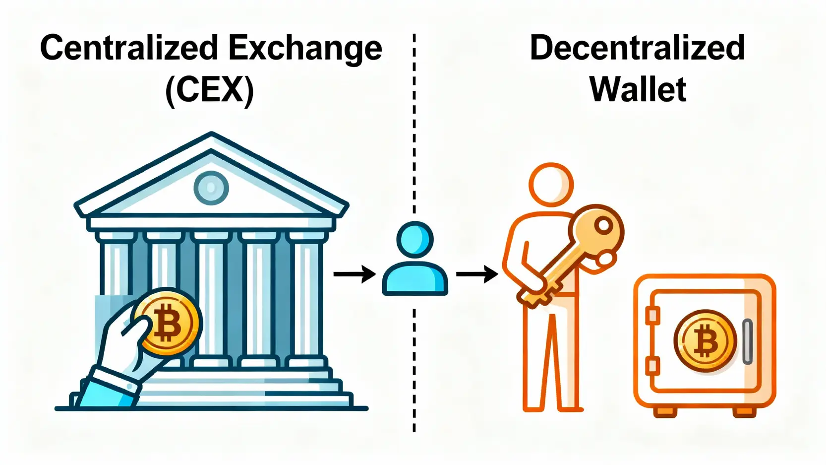 虛擬貨幣APP推薦:2026年10款最佳比特幣錢包與加密貨幣交易所評比 中心化交易所(CEX)與去中心化錢包的差異對比圖,顯示資產由平台託管與用戶自行保管的區別。