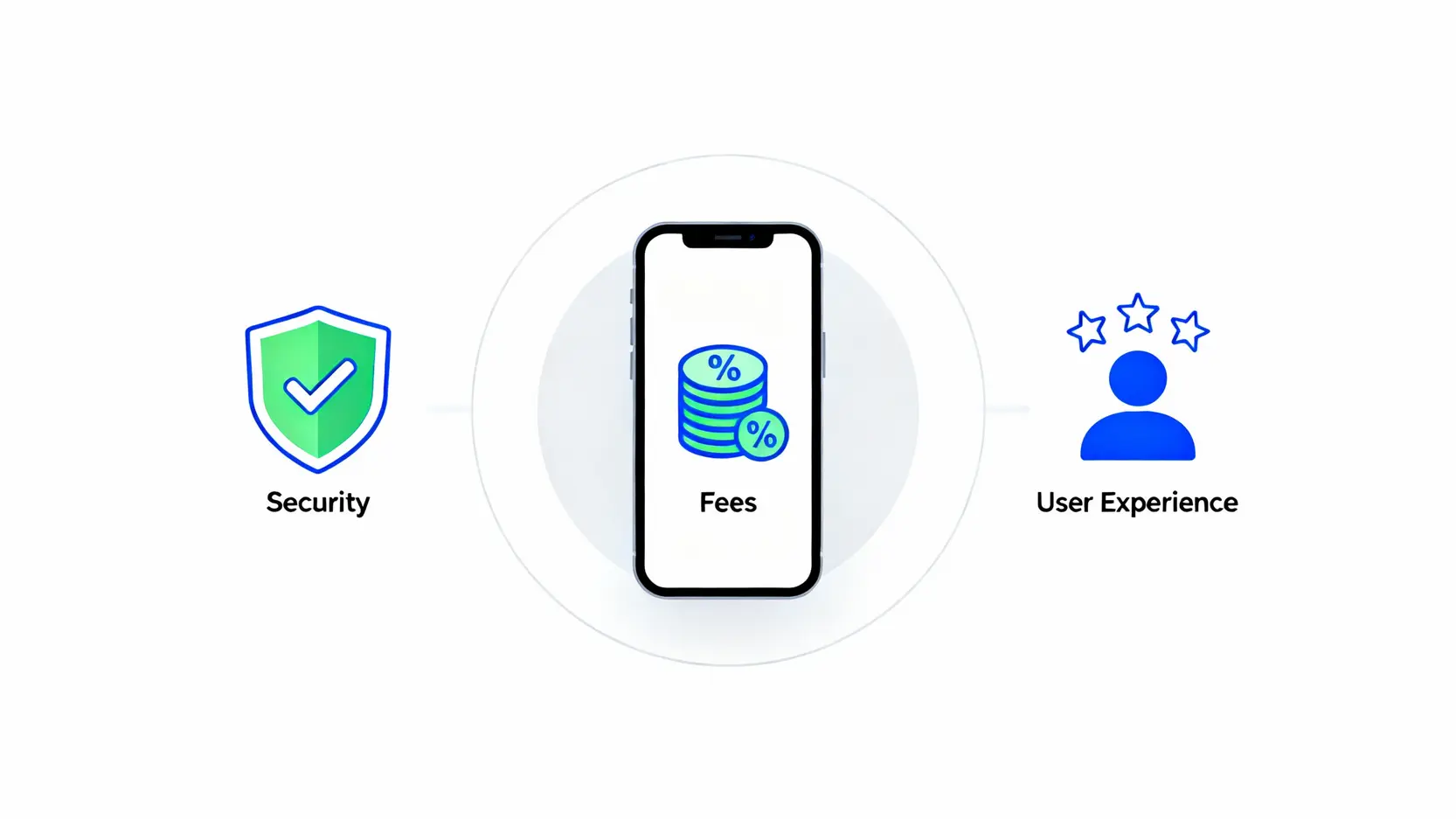 虛擬貨幣APP推薦:2026年10款最佳比特幣錢包與加密貨幣交易所評比 挑選虛擬貨幣APP的三大關鍵指標圖示:安全性、手續費與使用者體驗。