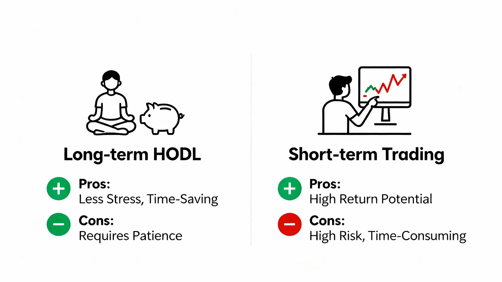 【比特幣教學】比特幣是什麼?一篇搞懂如何安全購買Bitcoin,新手入門必看! 長期持有(HODL)與短期交易兩種比特幣投資策略的優缺點對比圖。