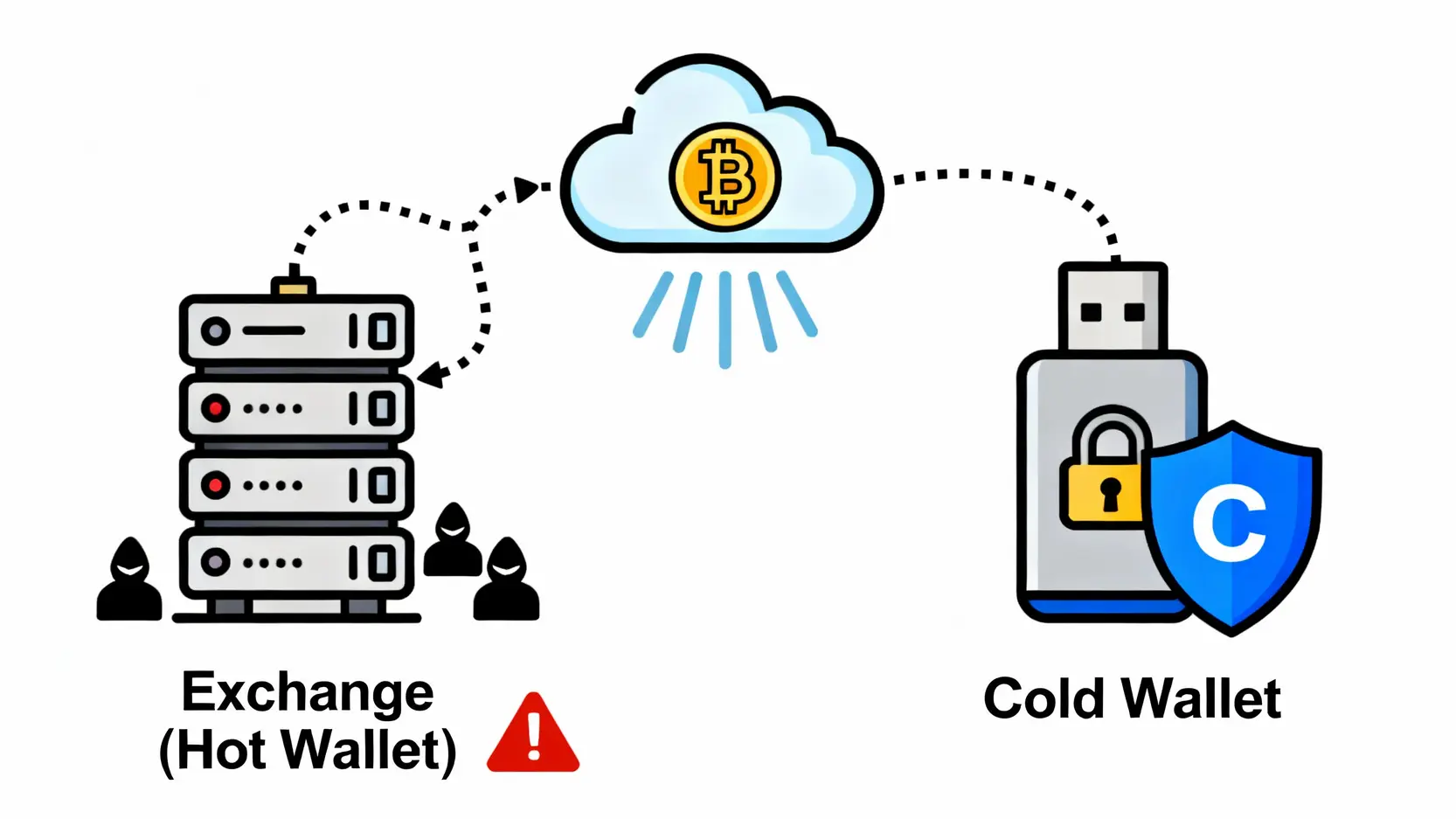 【2026虛擬貨幣交易所推薦】Top10台灣與國際加密貨幣交易平台|安全性手續費評比 交易所熱錢包與硬體冷錢包的安全性對比圖,熱錢包連網有風險,冷錢包離線儲存更安全。