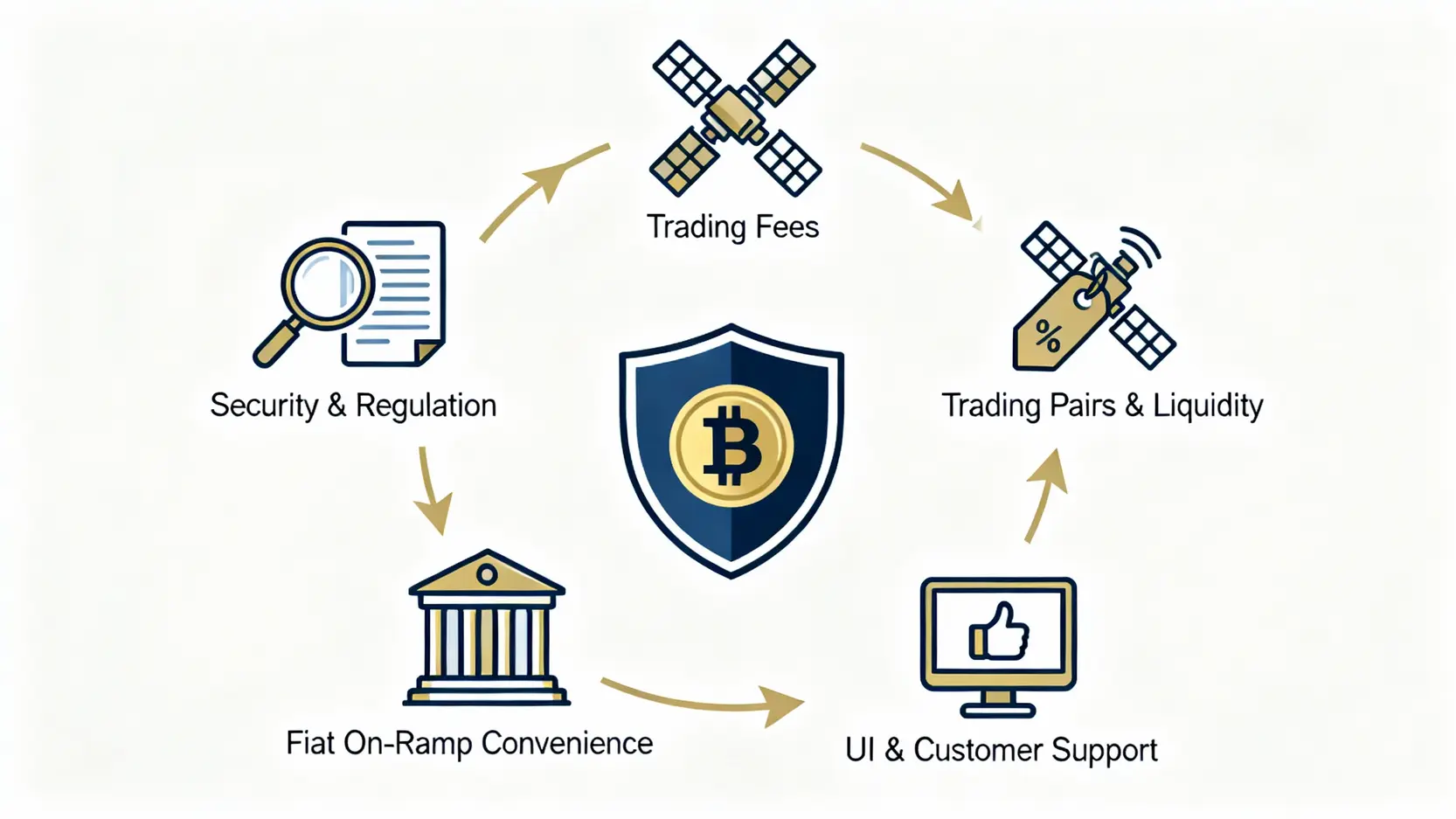 【2026虛擬貨幣交易所推薦】Top10台灣與國際加密貨幣交易平台|安全性手續費評比 挑選虛擬貨幣交易所的五大關鍵指標示意圖,包含安全性、手續費、流動性、出入金便利性與使用者體驗。