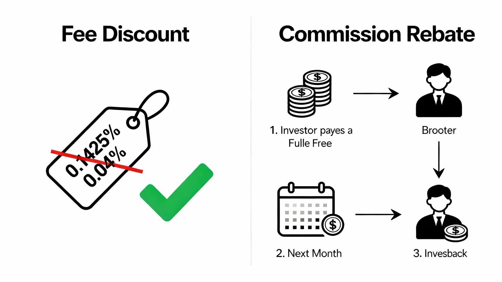 股票開戶返佣終極指南:5大券商手續費折扣與隱藏優惠全揭露 手續費折扣與交易返佣的比較圖,說明折扣是交易當下直接減免,而返佣是未來特定時間點的現金回饋。