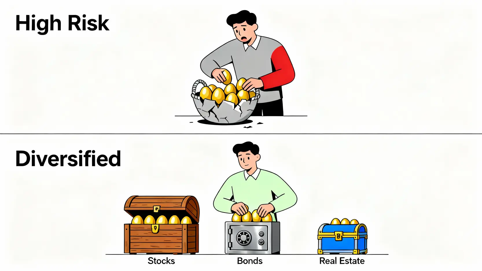 股票投資風險完整指南:一篇搞懂5大常見炒股風險與應對策略 資產配置示意圖,比較將所有雞蛋放在同一個籃子與分散在多個籃子的風險。