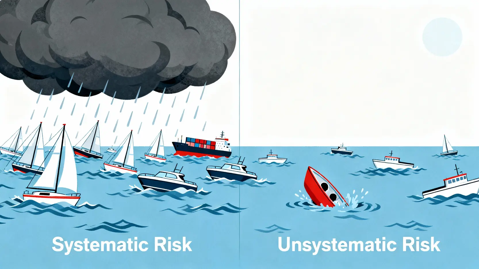 股票投資風險完整指南:一篇搞懂5大常見炒股風險與應對策略 系統性風險與非系統性風險的對比圖,說明兩者影響範圍的差異。