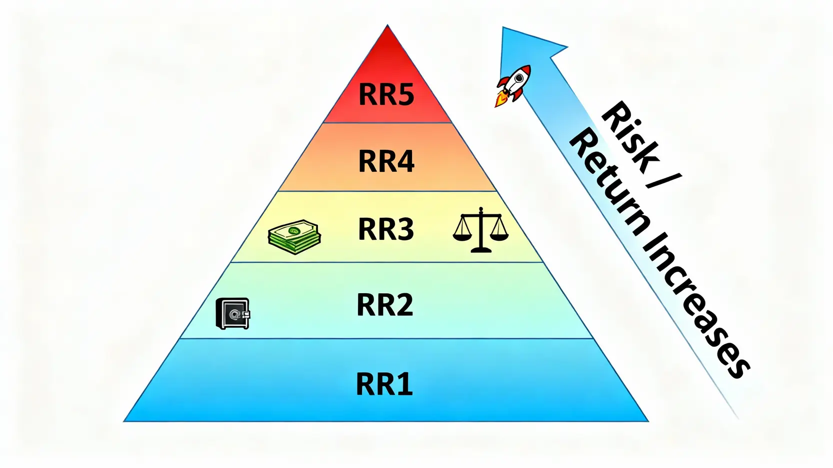 ETF風險等級怎麼看?一篇搞懂RR1到RR5,聰明避開高風險ETF地雷 ETF風險報酬等級金字塔圖,從最底層的RR1(低風險)到最頂層的RR5(高風險)。