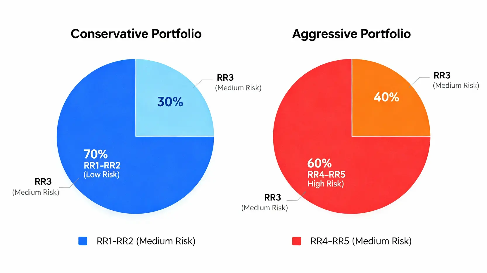 基金風險等級完整解析:5分鐘看懂RR1-RR5,避開投資地雷! 保守型與積極型投資組合的資產配置對比圖,顯示不同風險等級基金的配置比例。
