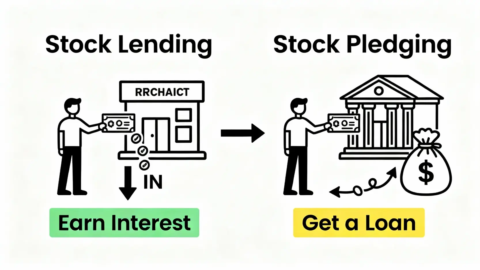 借券風險vs.股票質借風險,5大差異與避坑策略一次看懂! 一張圖解釋出借股票與股票質借的區別,左邊顯示股票出借賺取利息使現金流入,右邊顯示股票質借獲得貸款使現金流出。