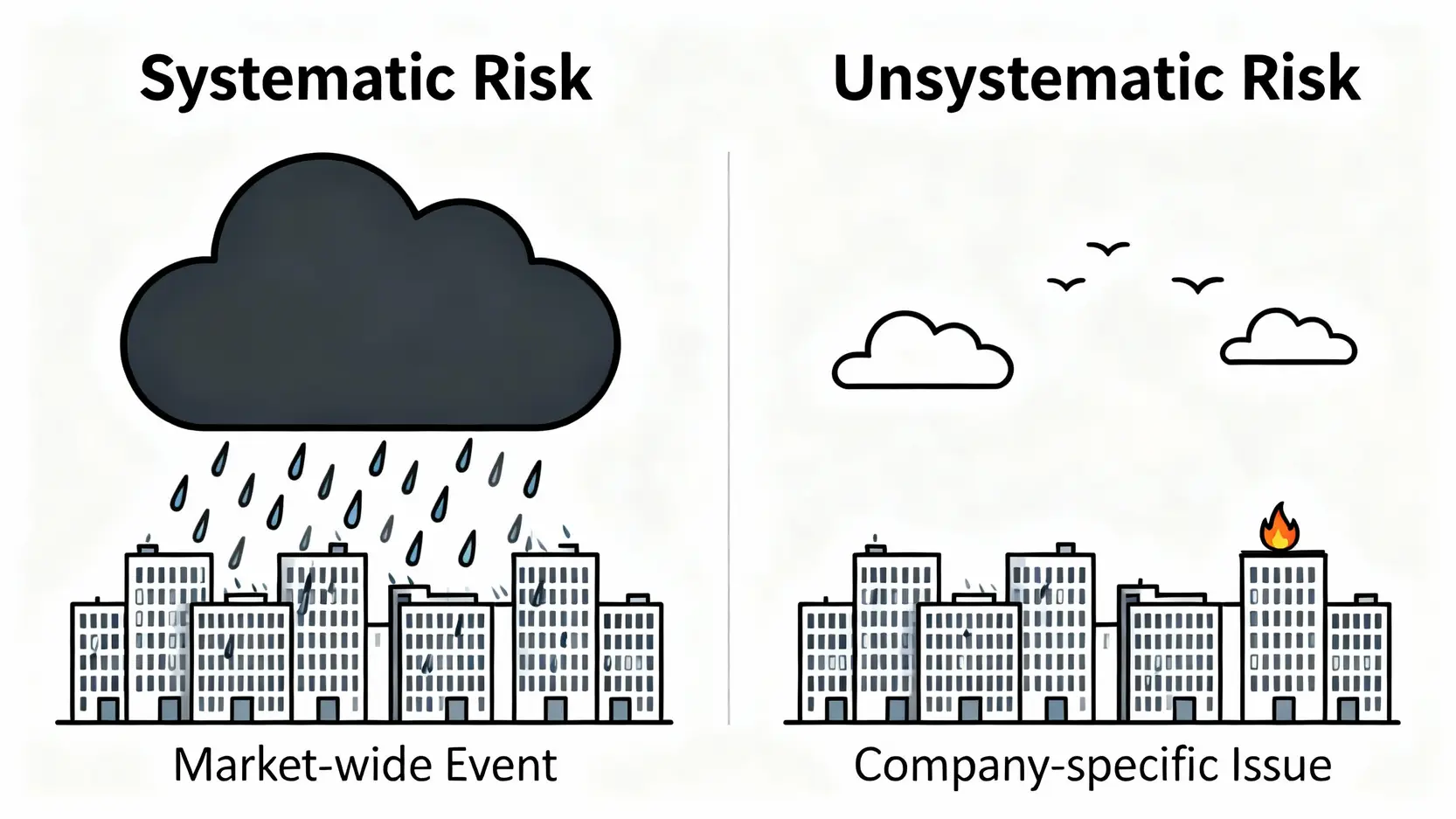 如何降低投資風險?5個專家級策略,從風險評估到資產配置 系統性風險與非系統性風險的對比圖,左邊顯示市場風險如暴風雨影響所有資產,右邊顯示個別風險如單一公司著火。