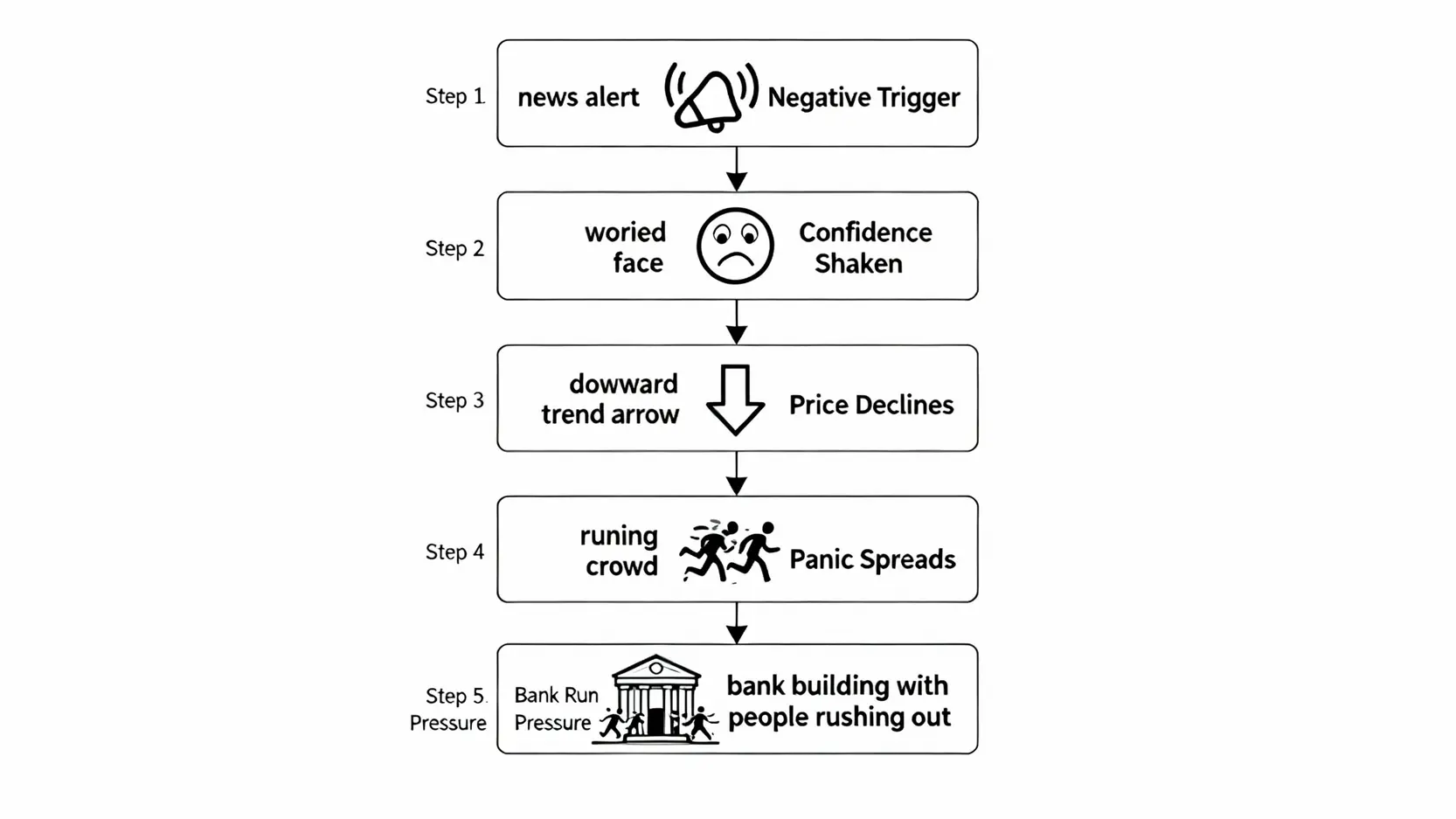 USDT風險完全解析:揭秘泰達幣脫鉤、儲備不足等5大危機與避險指南 泰達幣脫鉤風險流程圖,展示從負面消息引發市場恐慌到擠兌的五個步驟。