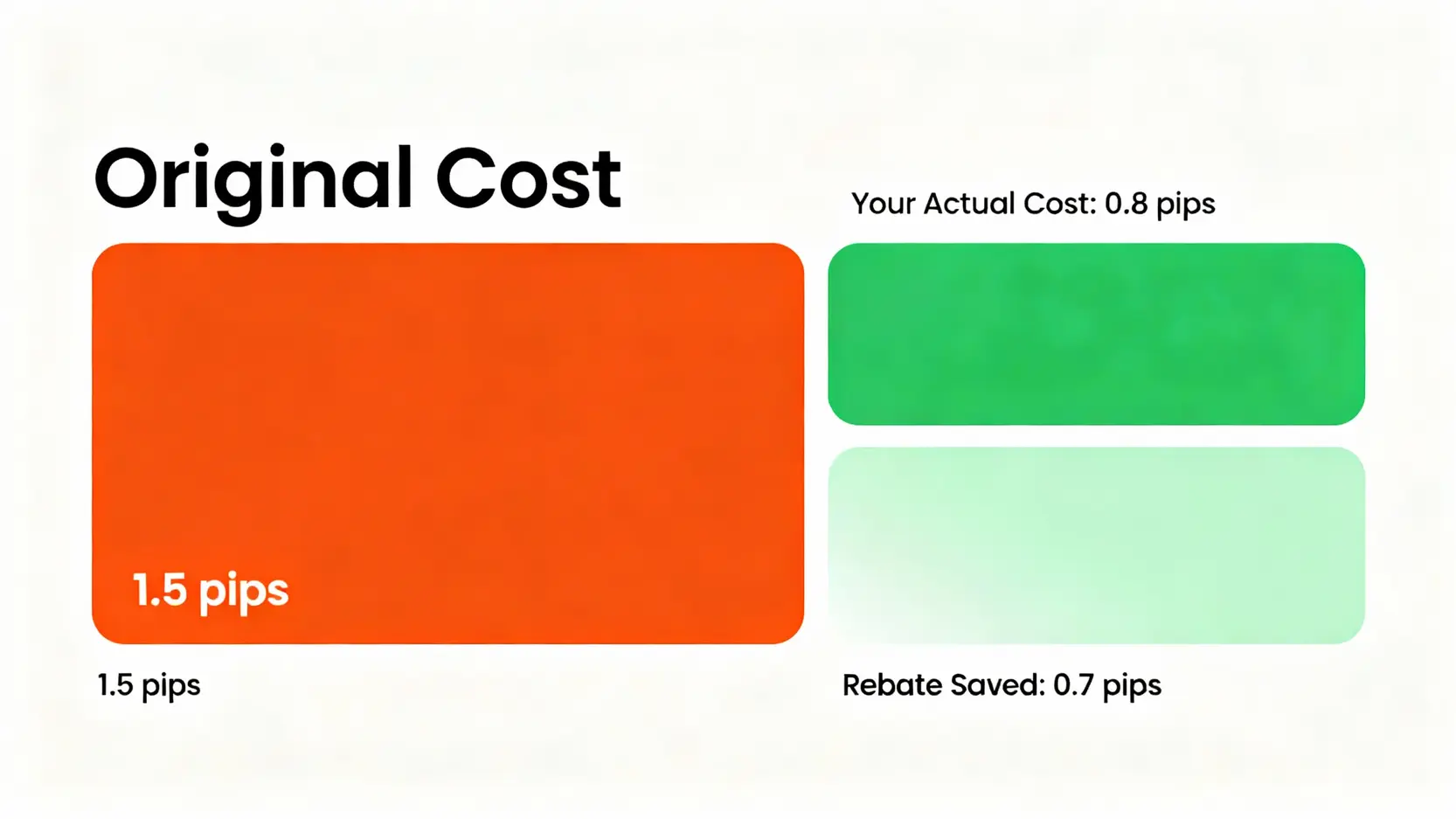 【外匯返佣終極指南】XM、IC Markets、Exness返佣大比拼,教你選對經紀商最大化回饋! 一張對比圖顯示交易成本的降低,有返佣的交易點差明顯低於無返佣的原始點差。
