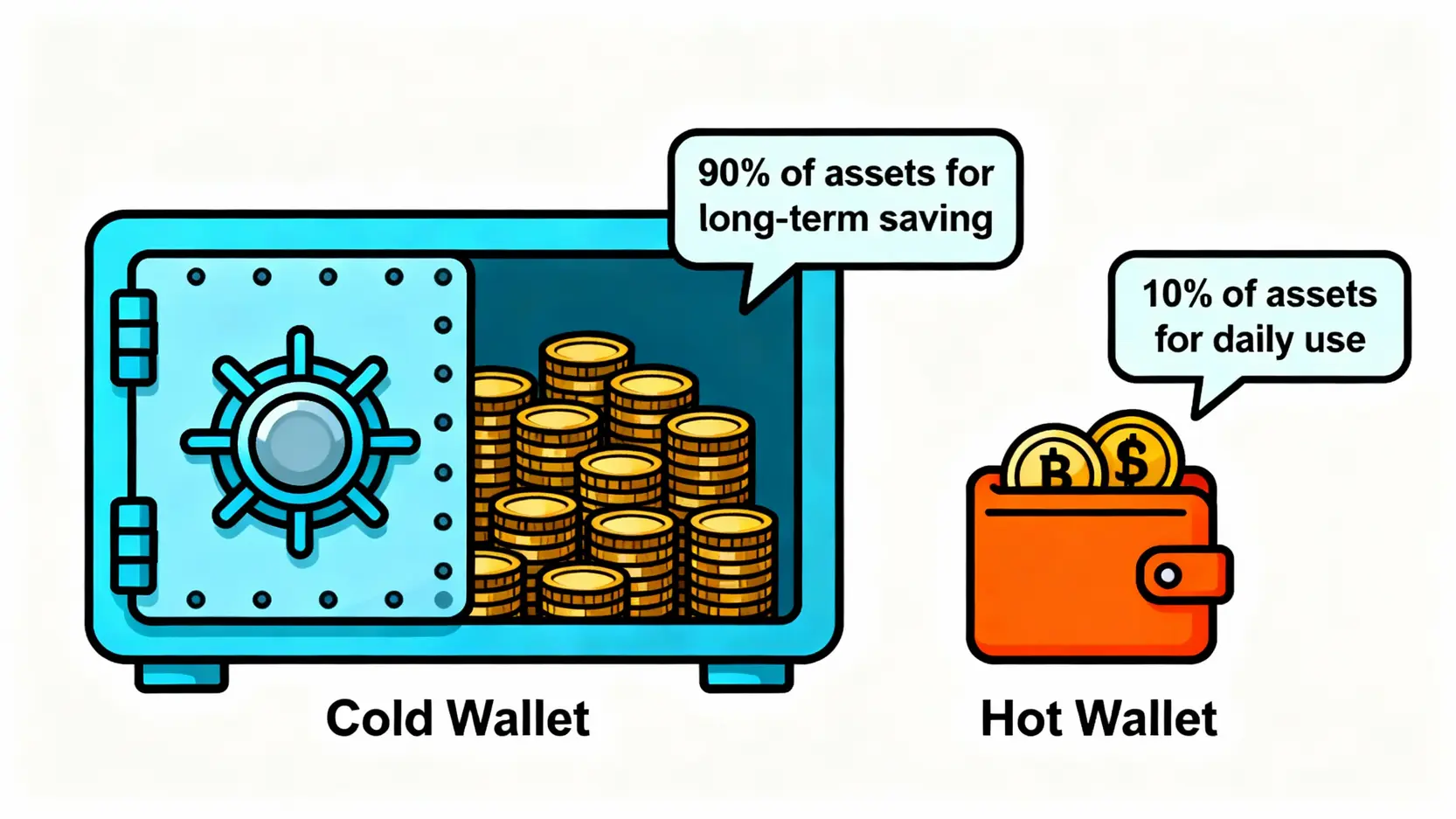 冷錢包是什麼?一篇搞懂原理、安全風險與熱錢包5大關鍵差別 冷熱錢包資產配置策略示意圖,大部分資產存於冷錢包保險庫,少量資金放熱錢包日常使用。
