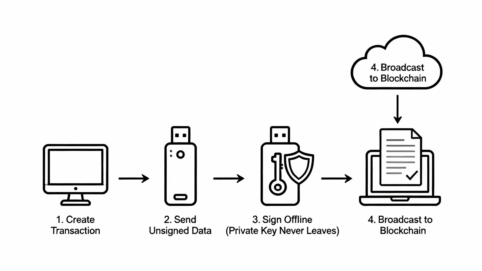冷錢包是什麼?一篇搞懂原理、安全風險與熱錢包5大關鍵差別 冷錢包運作原理流程圖,展示從創建交易、離線簽名到廣播交易的四個安全步驟。