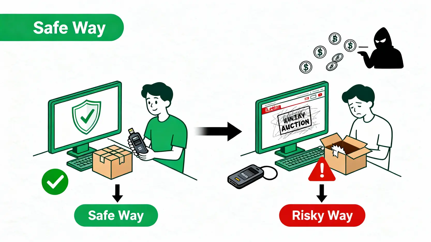 【2026冷錢包推薦】5款主流冷錢包比較指南:價格、優缺點一篇搞懂! 購買冷錢包的安全管道與風險管道對比圖,強調應從官方網站購買以避免資產被盜。