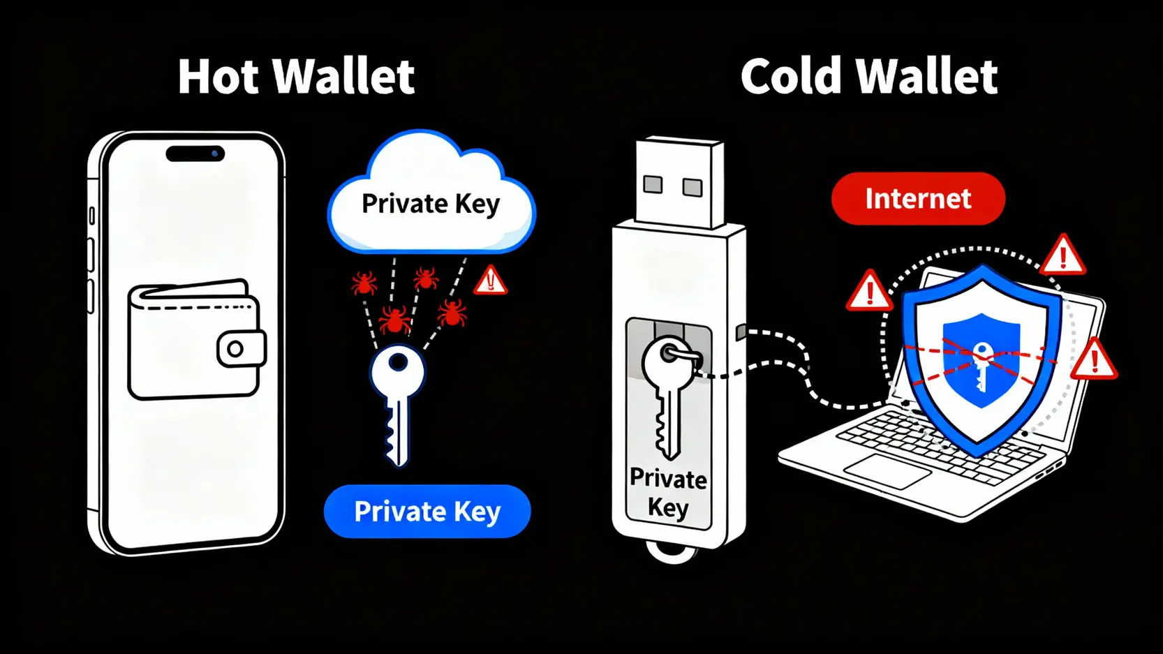 【2026冷錢包推薦】5款主流冷錢包比較指南:價格、優缺點一篇搞懂! 冷錢包與熱錢包安全性對比圖,顯示冷錢包如何離線保護私鑰免受網路駭客攻擊。