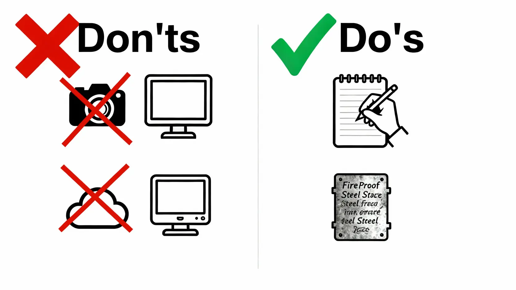 【2026冷錢包推薦】PTT/Dcard網友熱議5款冷錢包評價,一篇搞懂如何避開災情! 助記詞安全備份的正確與錯誤方法圖示,禁止數位儲存,推薦物理抄寫或使用鋼板。