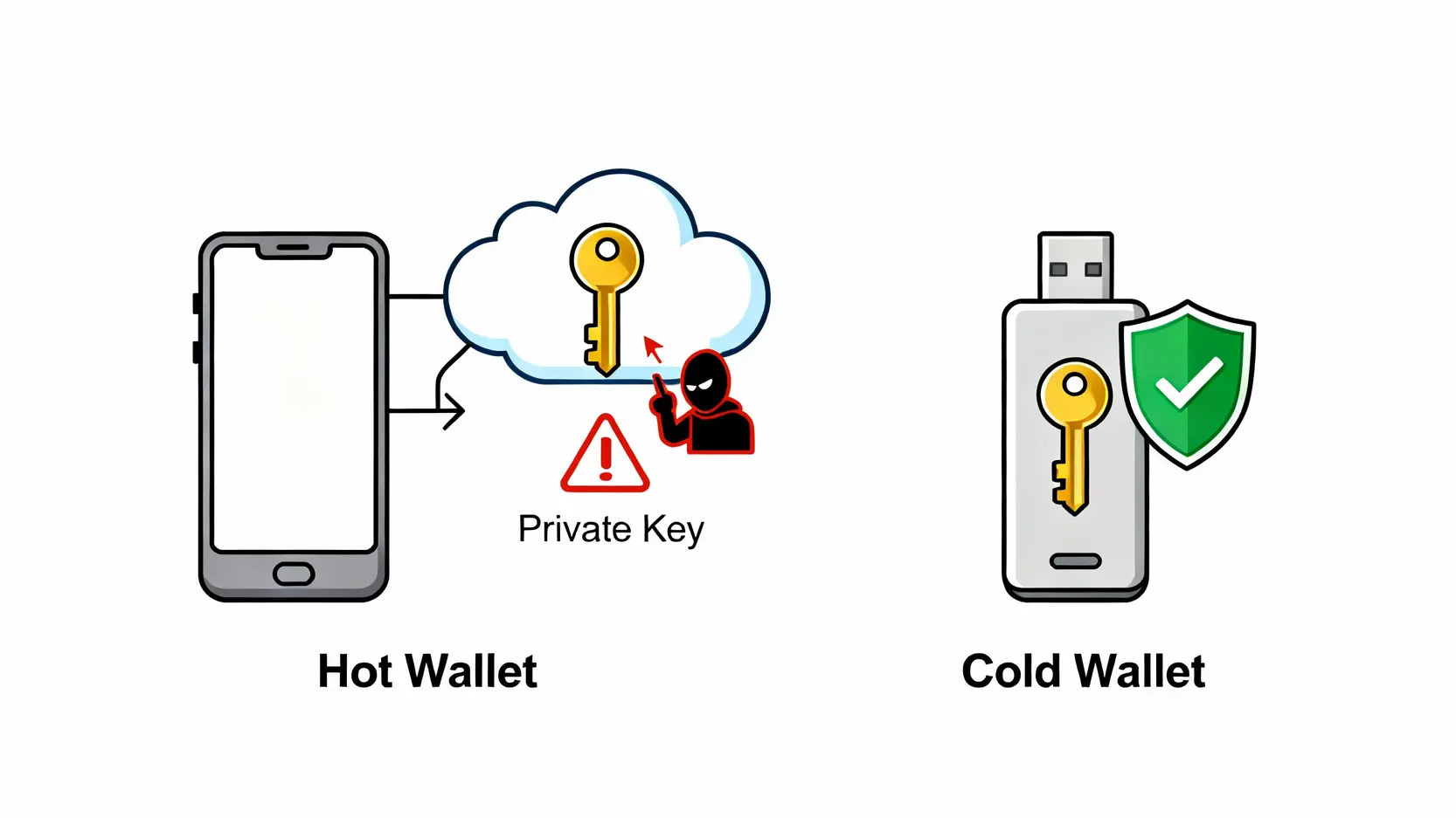 【2026冷錢包推薦】PTT/Dcard網友熱議5款冷錢包評價,一篇搞懂如何避開災情! 冷錢包與熱錢包的關鍵差異圖解,顯示熱錢包私鑰儲存在線上,而冷錢包私鑰安全地離線儲存。