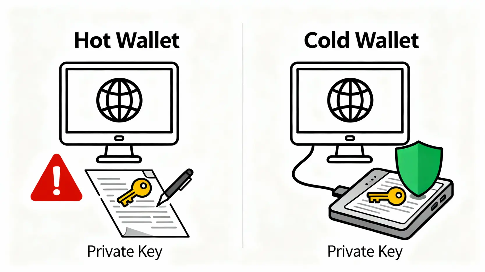 【2026 ETH錢包推薦】5款最佳以太幣冷錢包評比,保障你的以太坊資產安全! 冷錢包與熱錢包的交易簽署流程對比圖,顯示冷錢包的私鑰儲存在離線設備中,安全性更高。