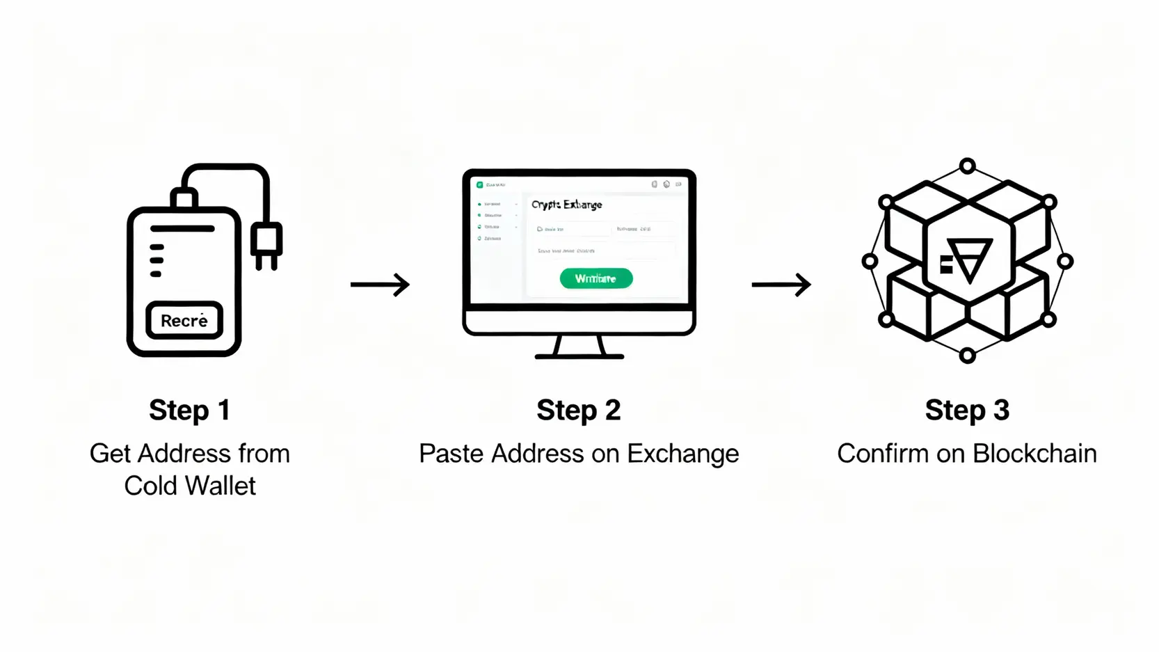 【2026 ETH錢包推薦】5款最佳以太幣冷錢包評比,保障你的以太坊資產安全! 從交易所將以太幣轉入冷錢包的三步驟流程圖。