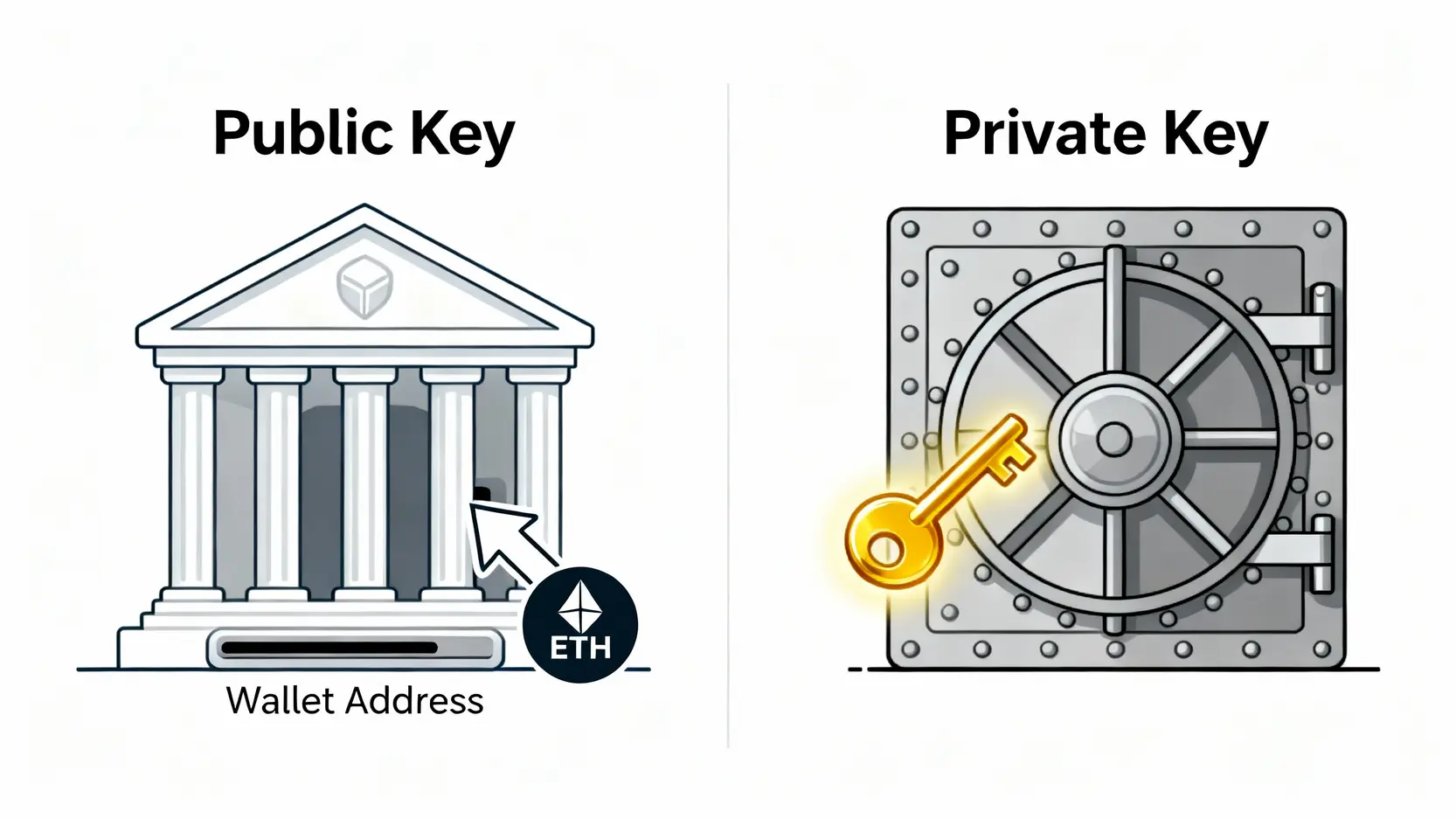 【2026 ETH錢包推薦】5款最佳以太幣冷錢包評比,保障你的以太坊資產安全! 公鑰與私鑰的關係示意圖,公鑰比喻為銀行存款口,私鑰比喻為金庫的唯一鑰匙。