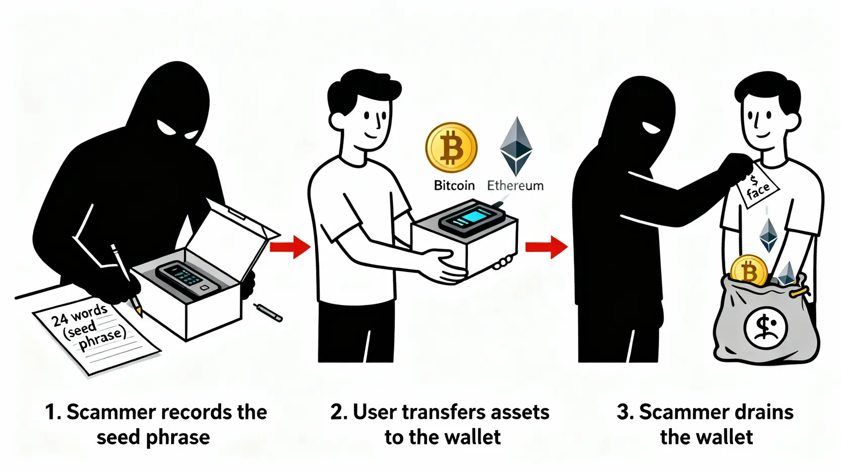 【Ledger錢包教學】終極指南:從購買、設定到安全操作一篇搞定! 預設助記詞攻擊流程圖,顯示賣家預先抄寫助記詞並在買家存入資產後將其盜走。