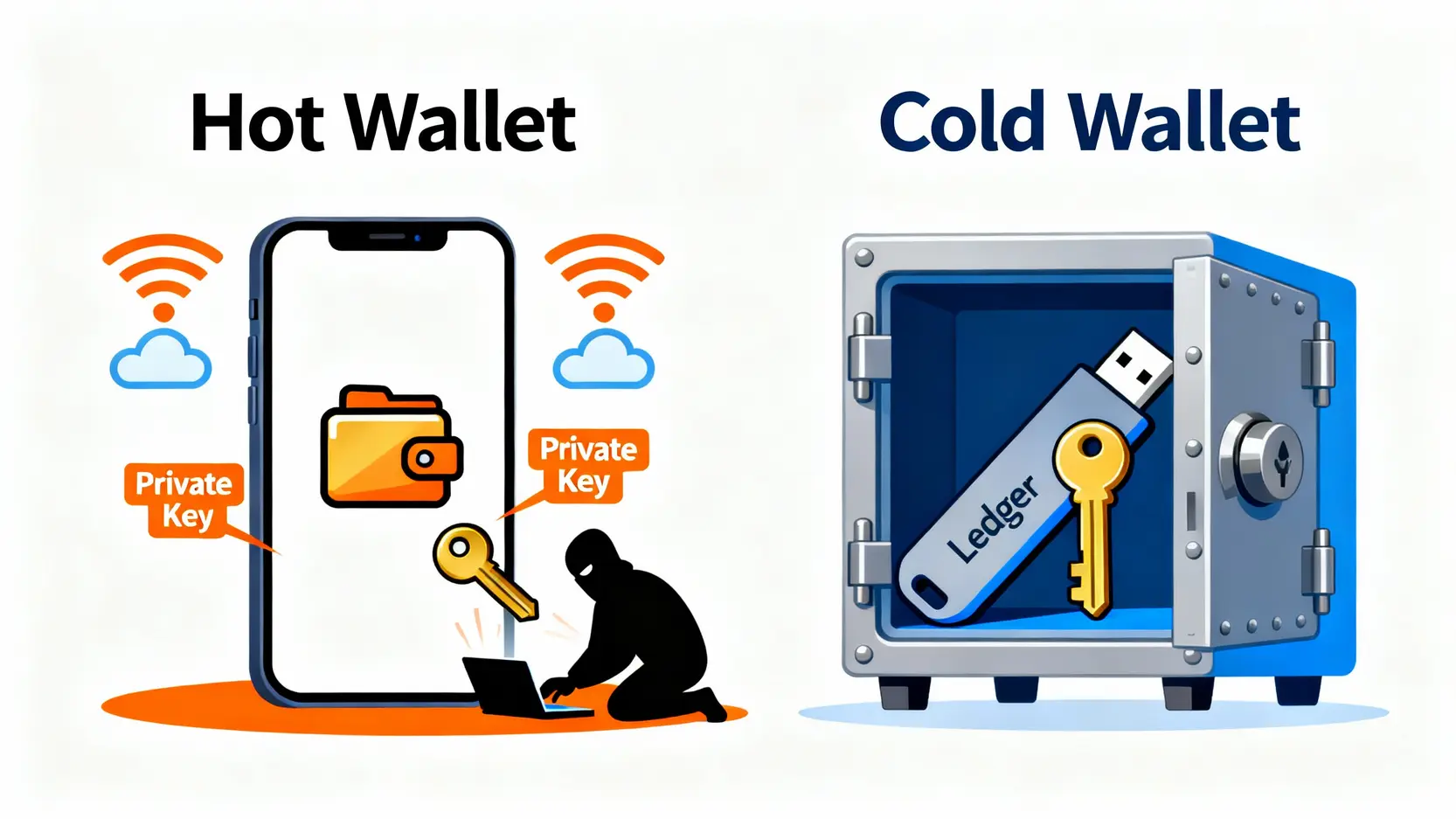 【Ledger錢包教學】終極指南:從購買、設定到安全操作一篇搞定! 冷錢包與熱錢包的安全性對比圖,熱錢包私鑰暴露於網路風險中,而冷錢包私鑰被安全地離線儲存。