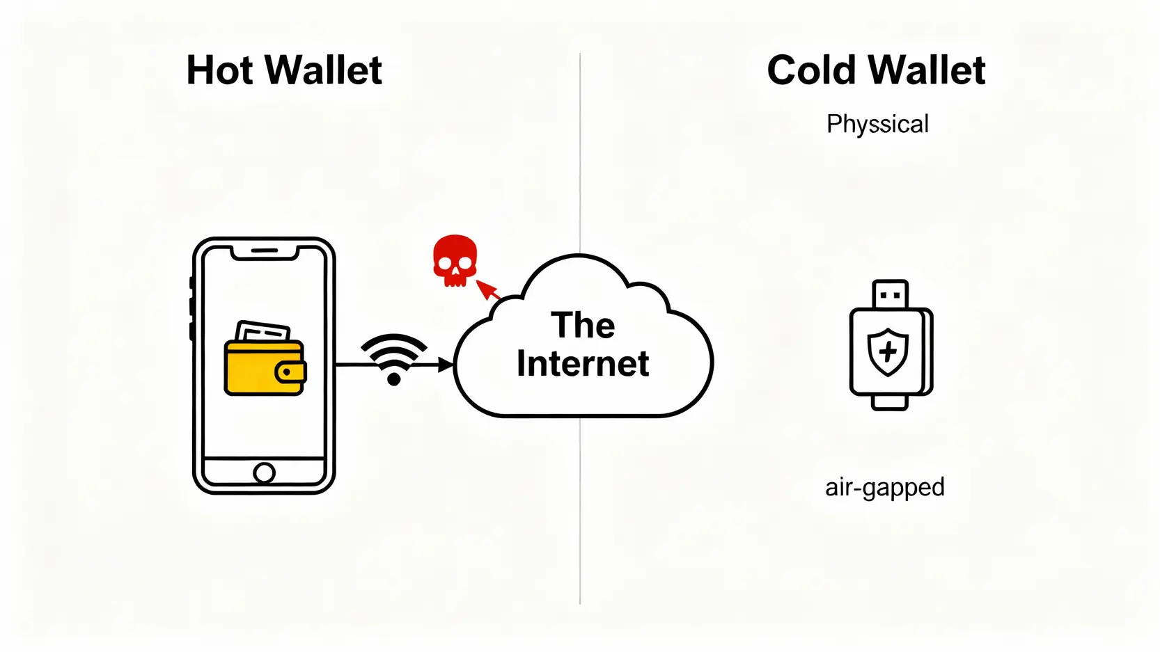【比特幣錢包指南】5款最佳冷錢包推薦,一篇搞懂BTC錢包申請與安全須知! 冷錢包與熱錢包的安全性對比圖,熱錢包連網有風險,冷錢包離線儲存私鑰非常安全。