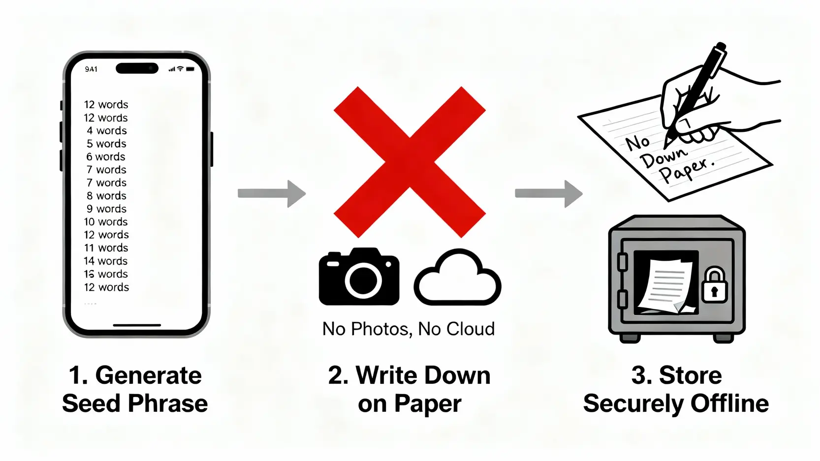 【比特幣錢包指南】5款最佳冷錢包推薦,一篇搞懂BTC錢包申請與安全須知! 錢包助記詞備份安全流程圖,強調必須用紙筆抄寫並離線妥善保管。