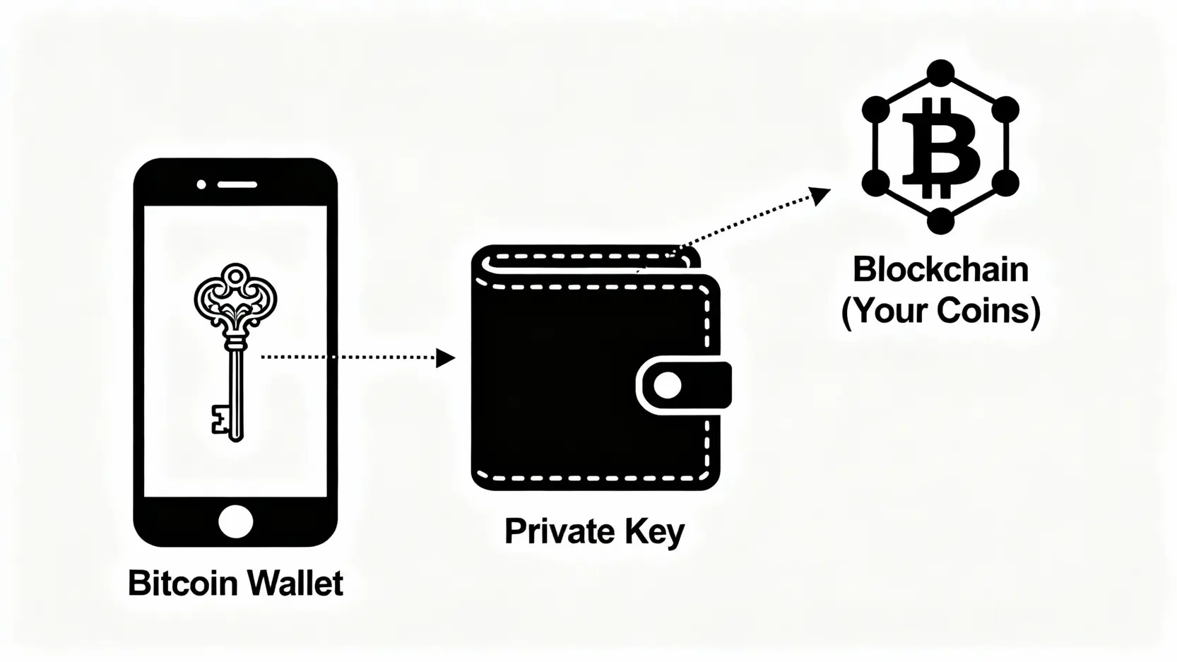 【比特幣錢包指南】5款最佳冷錢包推薦,一篇搞懂BTC錢包申請與安全須知! 比特幣錢包運作原理示意圖,顯示錢包存放私鑰,私鑰則用來存取區塊鏈上的比特幣。