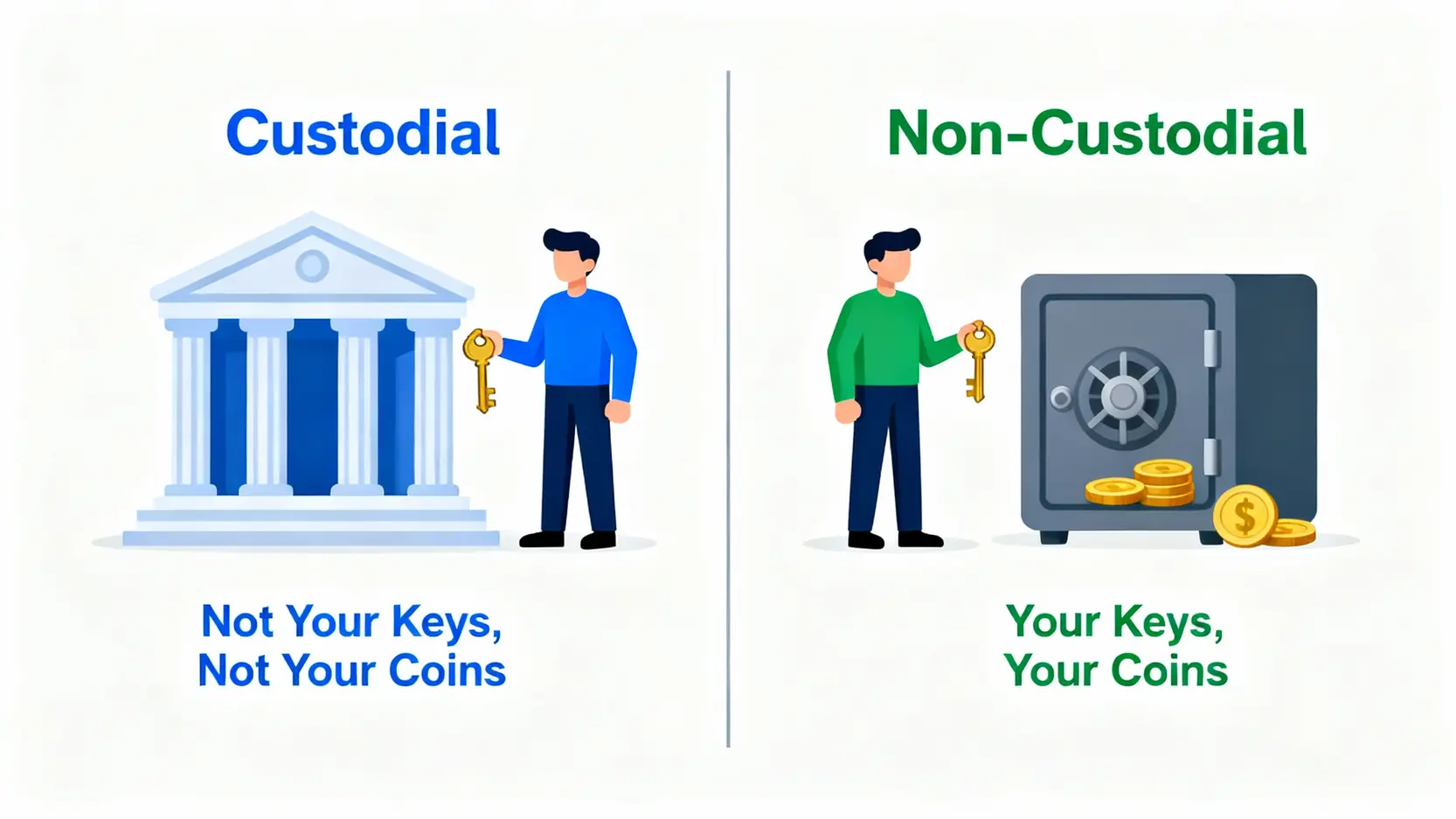 加密錢包新手指南:託管vs.非託管?一篇搞懂虛擬貨幣錢包種類與挑選關鍵 託管型錢包與非託管型錢包的比較圖,左邊用戶將私鑰交給交易所,右邊用戶自己掌握私鑰。