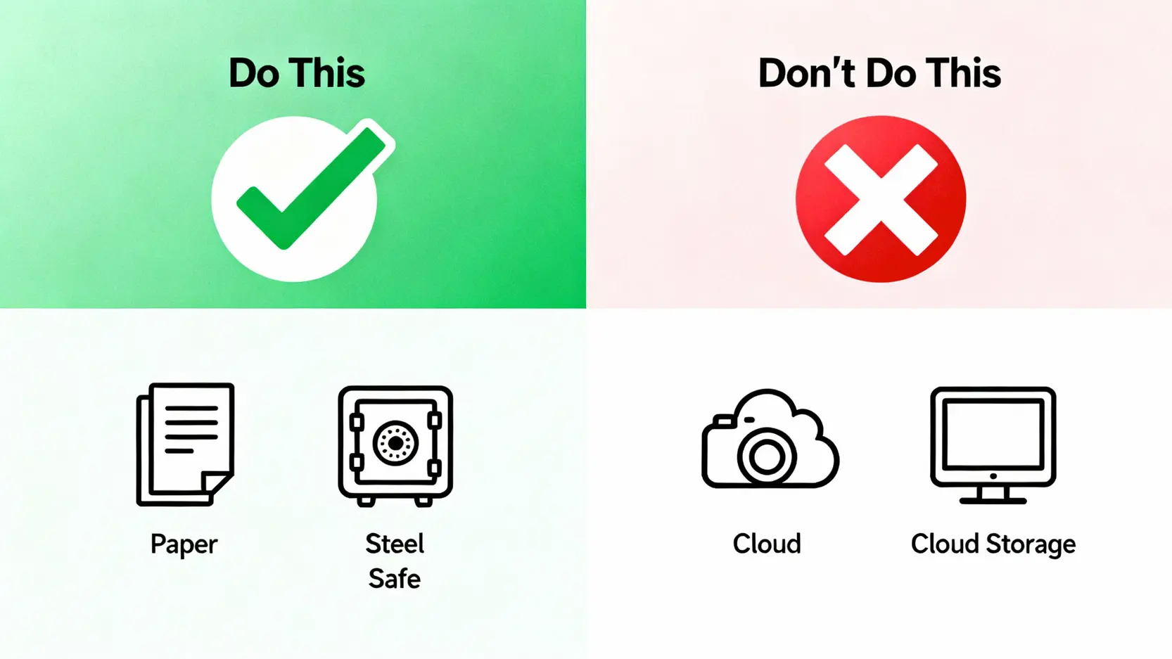 【冷錢包教學】從設定到轉帳5步驟,教你保護加密資產安全(含助記詞保存指南) 助記詞保存方法的正確與錯誤示範圖。正確方法是物理儲存如紙張和鋼板,錯誤方法是數位儲存如拍照或存於雲端。